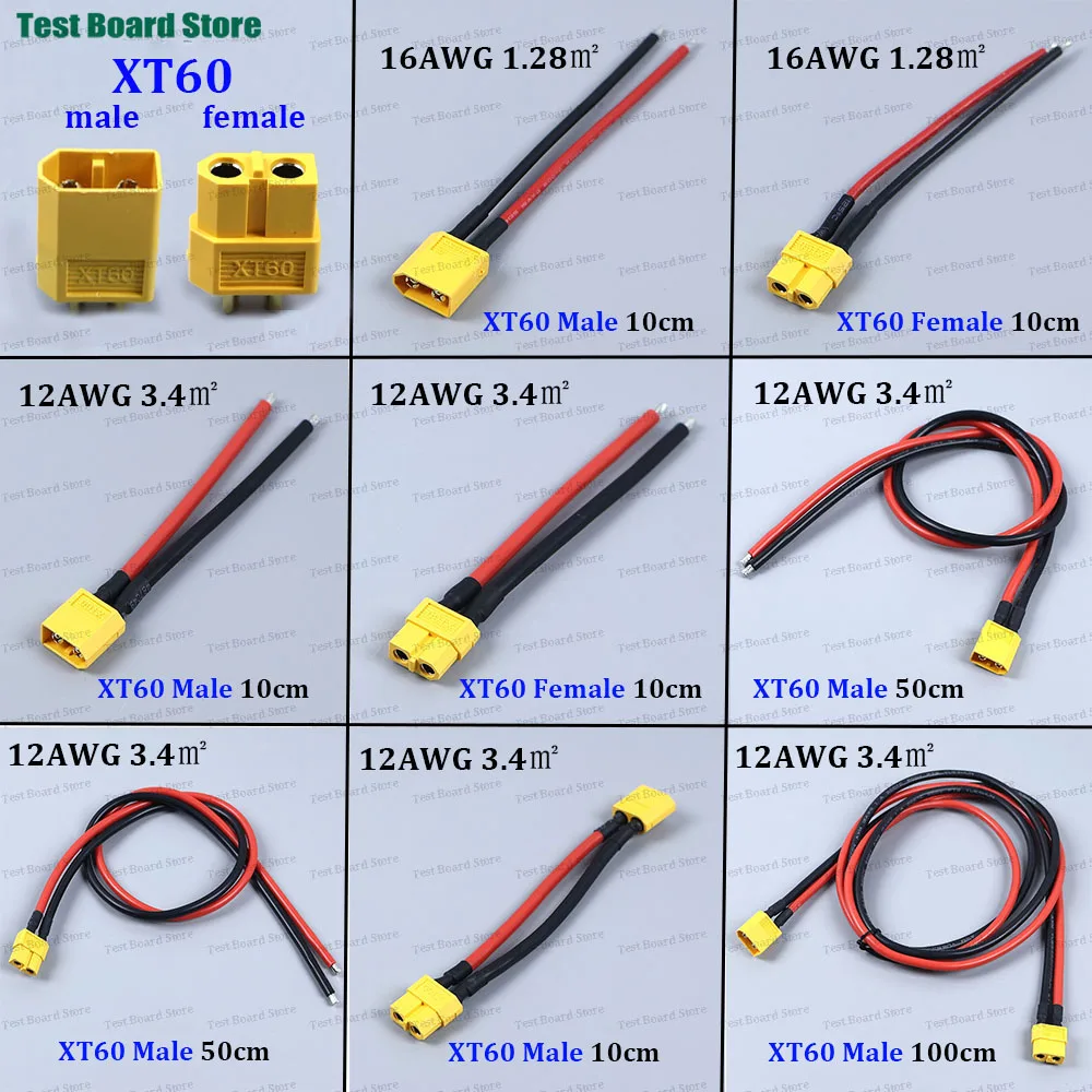 XT60 Male Female Connector Plug with 10/50/100cm 12AWG 16AWG Silicone Wire Cable For RC Airplane Lip