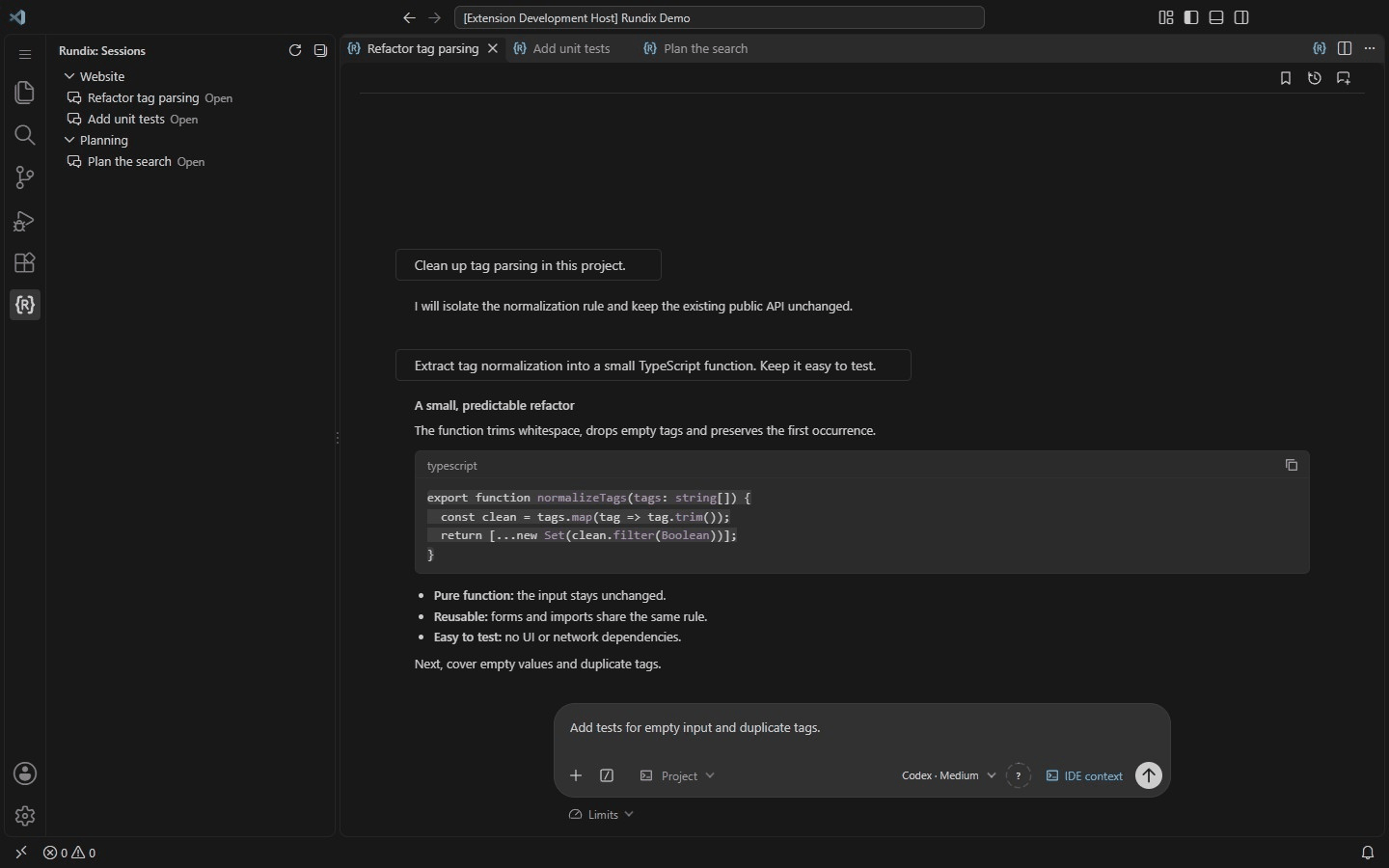 Rundix full-window tour with native VS Code tabs, session history, split editor, queue and questions