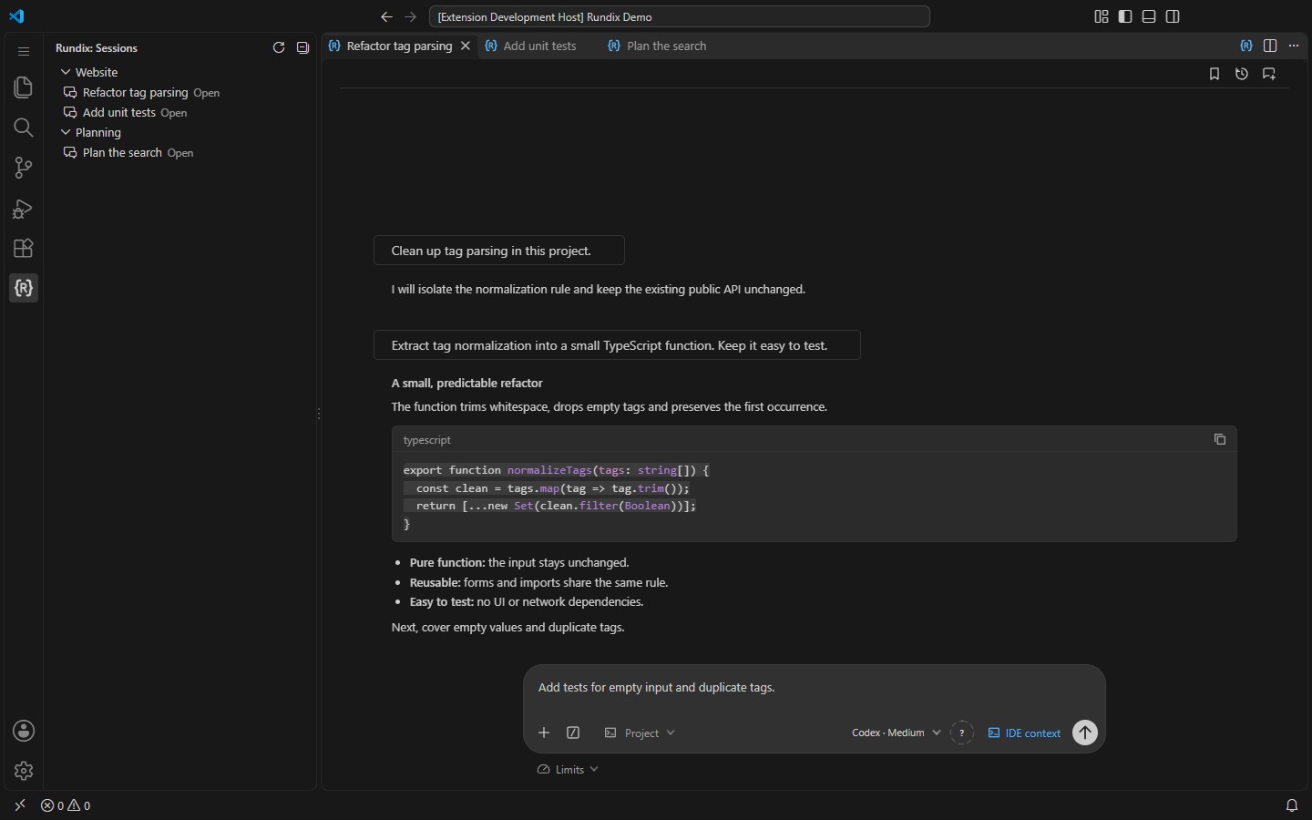 Rundix workbench with three native chat tabs and grouped history