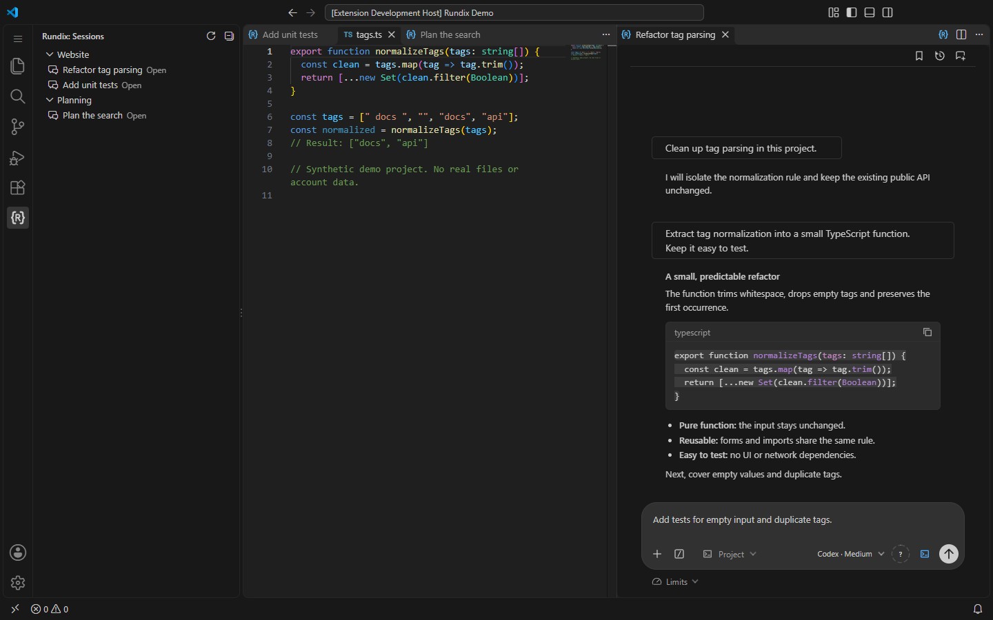 Source code beside a Rundix chat in split editor groups