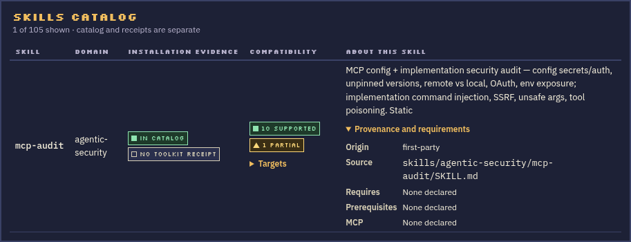 Compact Skill catalog detail showing source, declared requirements, target support, and a separate no-receipt state
