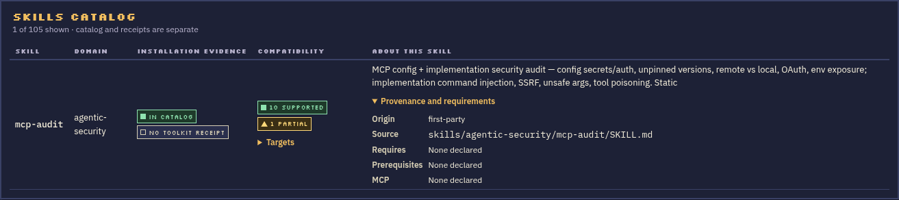 Large Skill catalog detail showing source, declared requirements, target support, and a separate no-receipt state