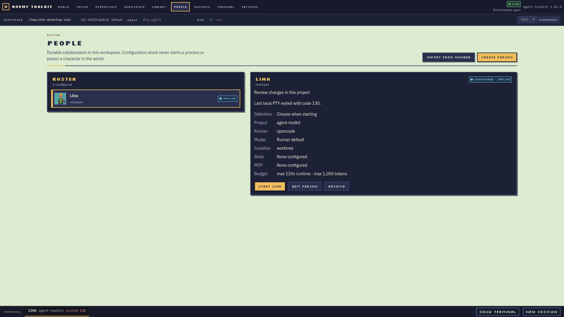 Lina remains configured and offline after the real session stops