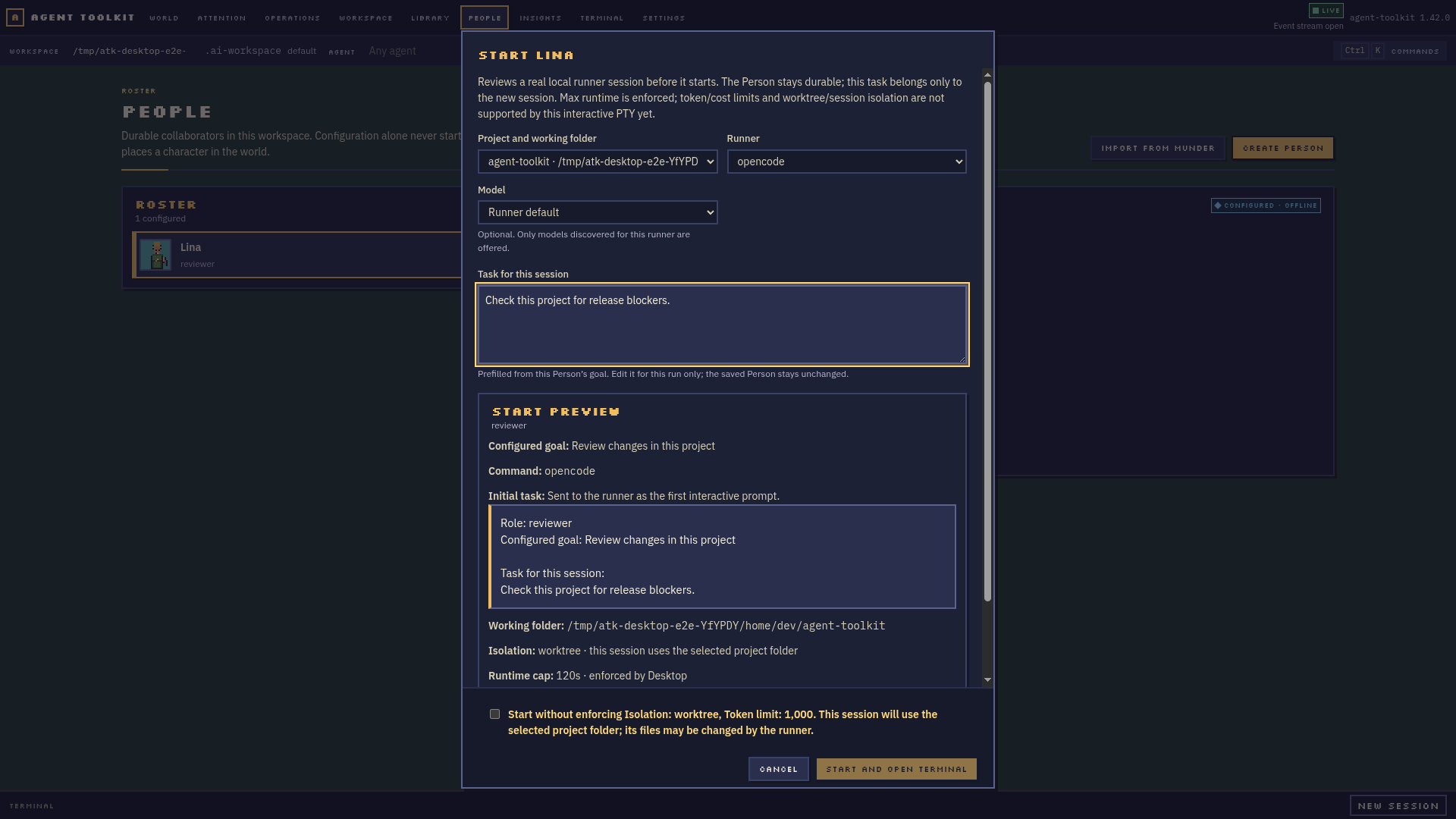 Project, runner, editable one-time task and exact role-goal-task prompt reviewed before start