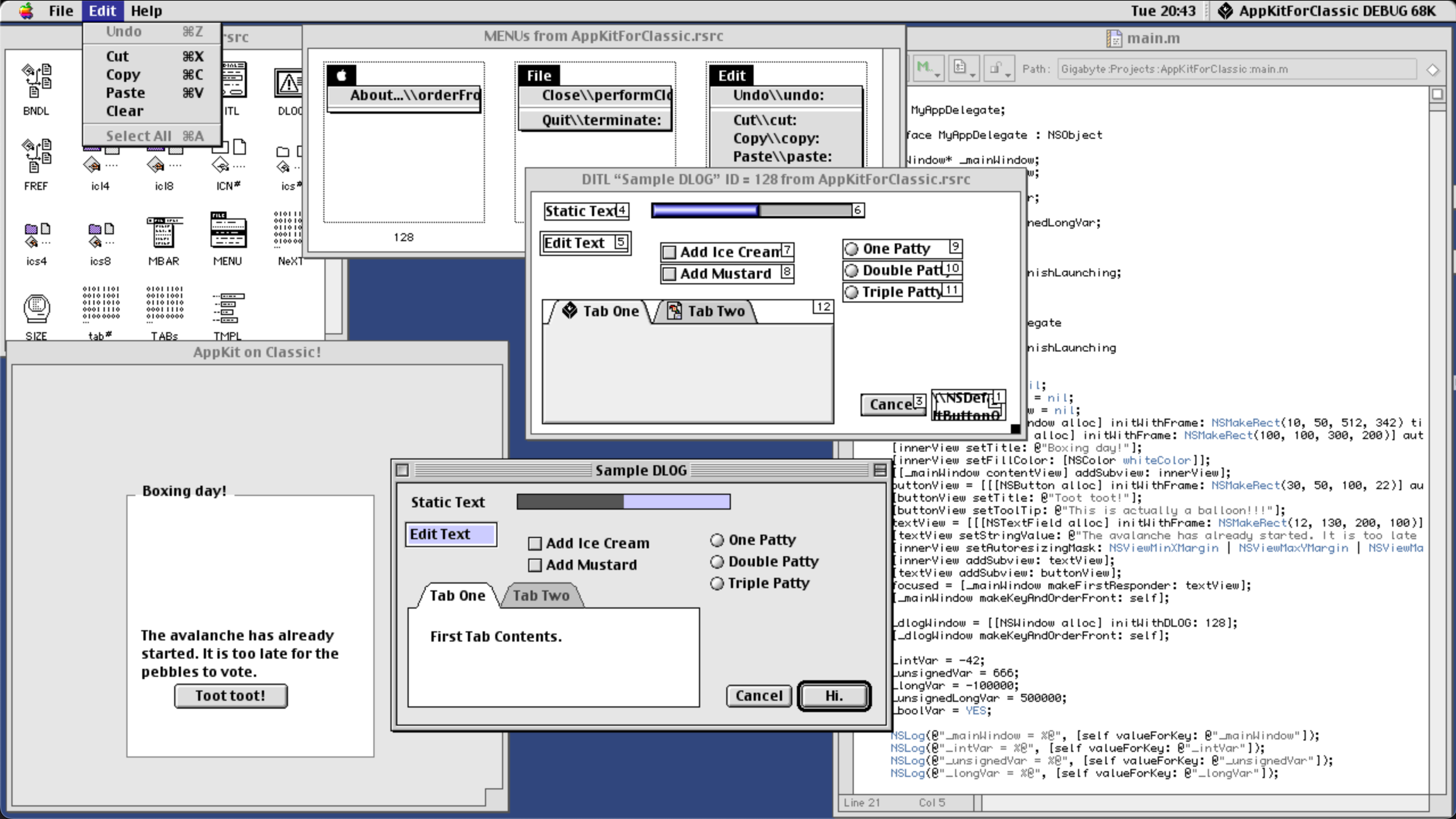 Screenshot of AppKitForClassic and CodeWarrior in action