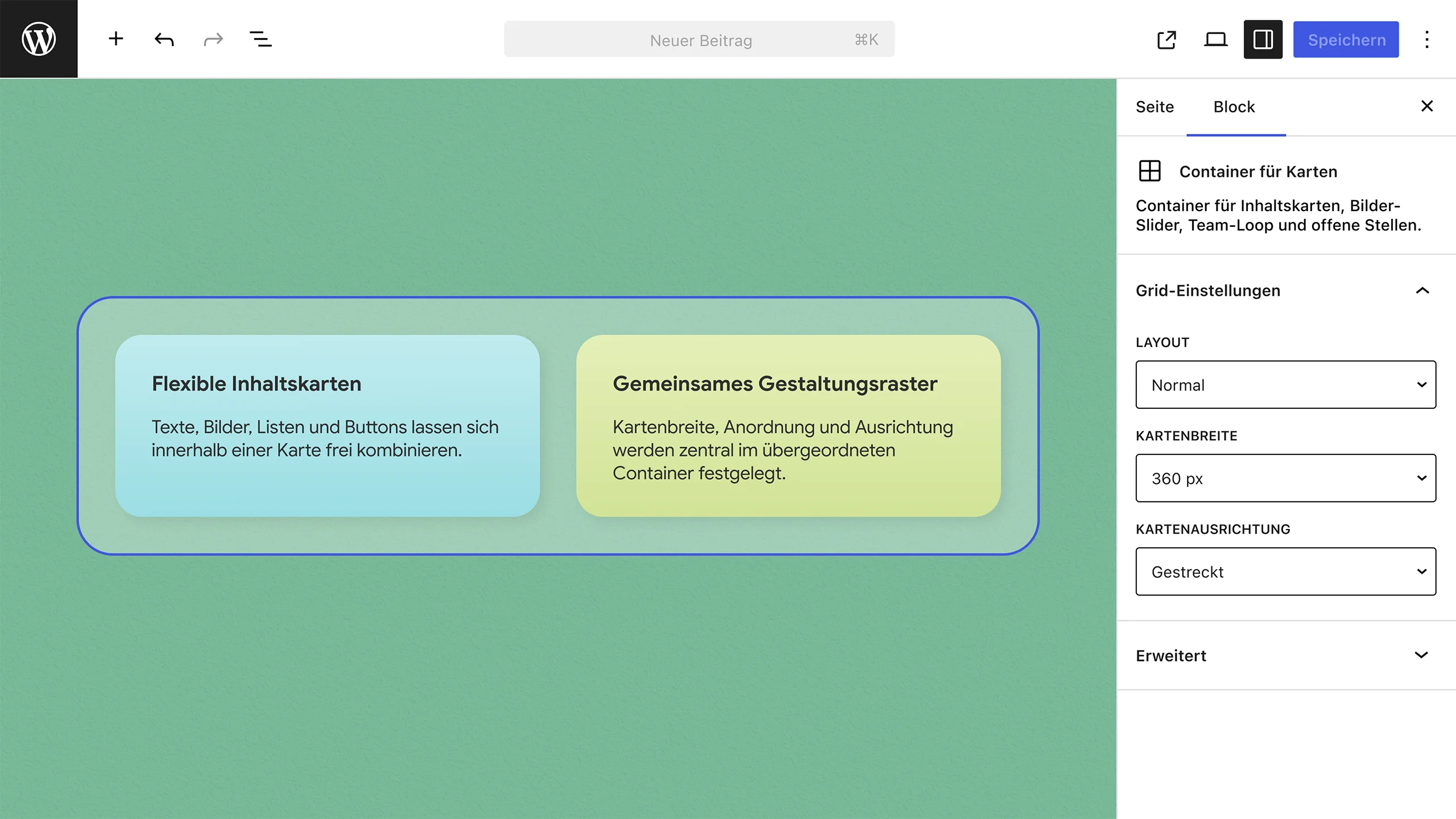 Karten-Container mit zwei Inhaltskarten im Gutenberg-Editor