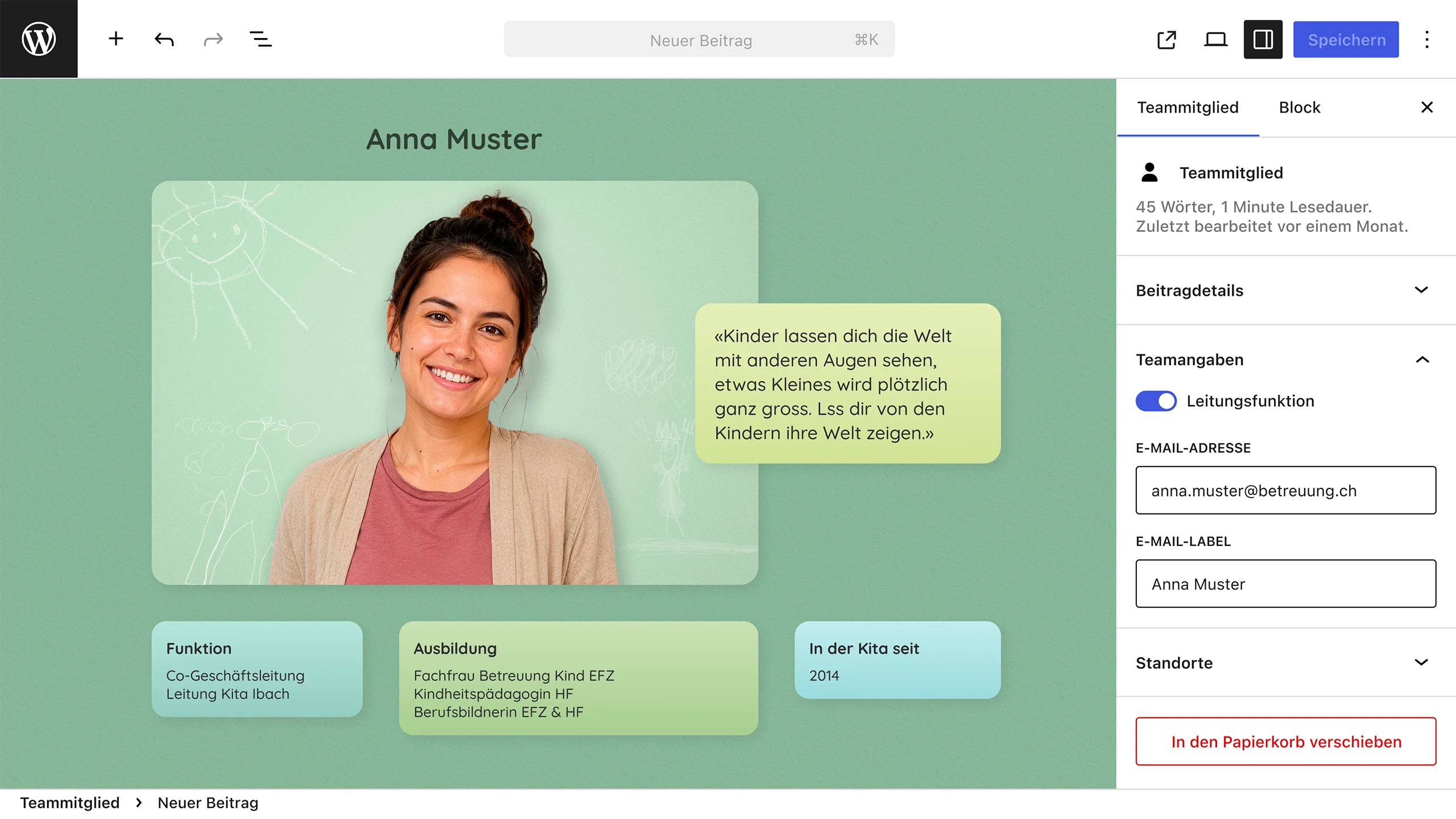 Strukturiertes Teamprofil mit Inhaltskarten und Teamangaben im Gutenberg-Editor