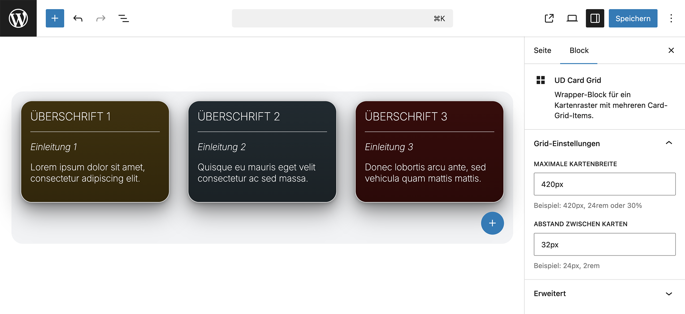 Screenshot des Blocks im Editor mit mehreren Card Grid Items und bearbeitbaren Inhalten direkt im Block.