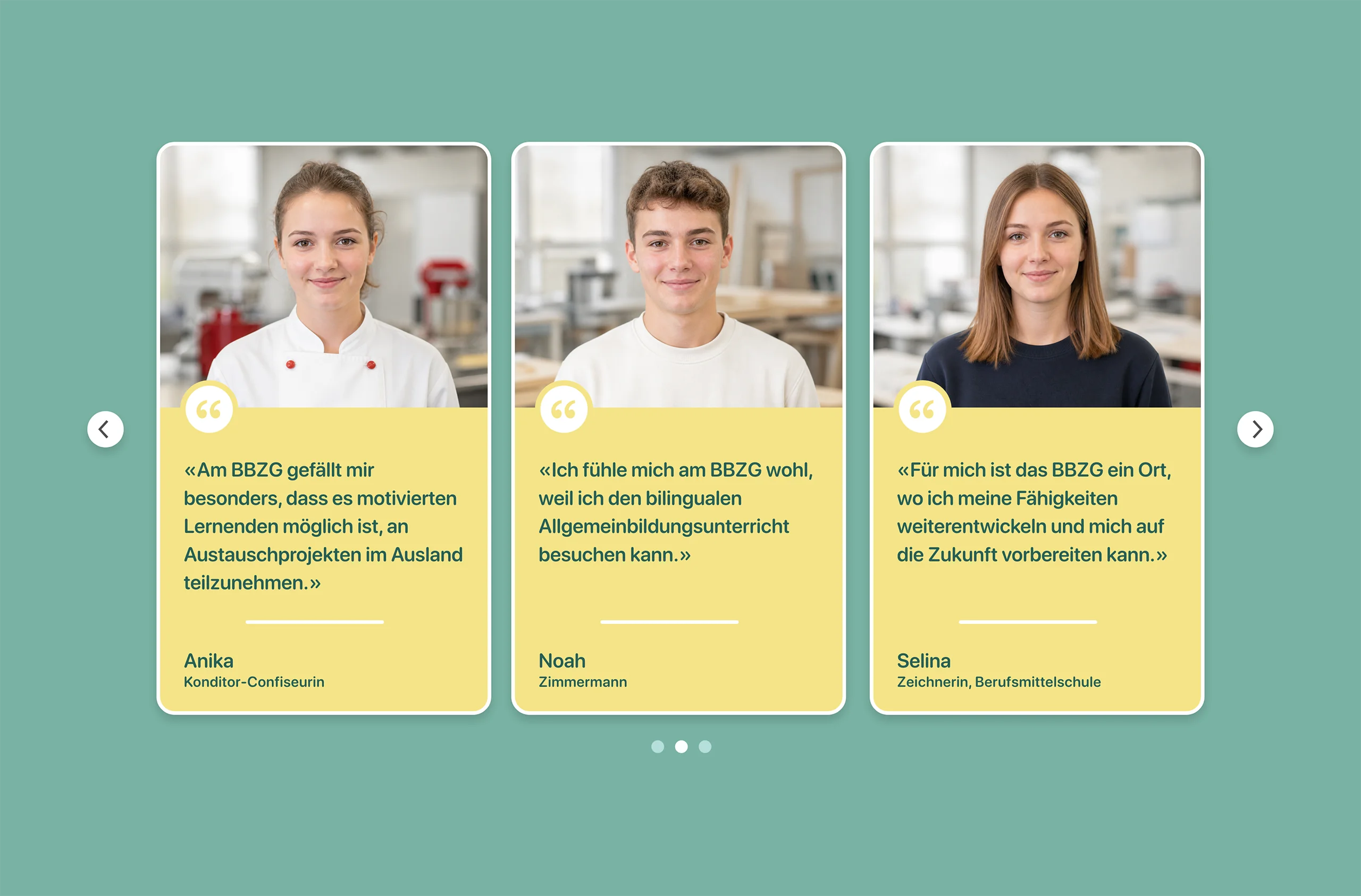 Frontend-Ansicht des Carousel Blocks mit drei Stimmen von Lernenden