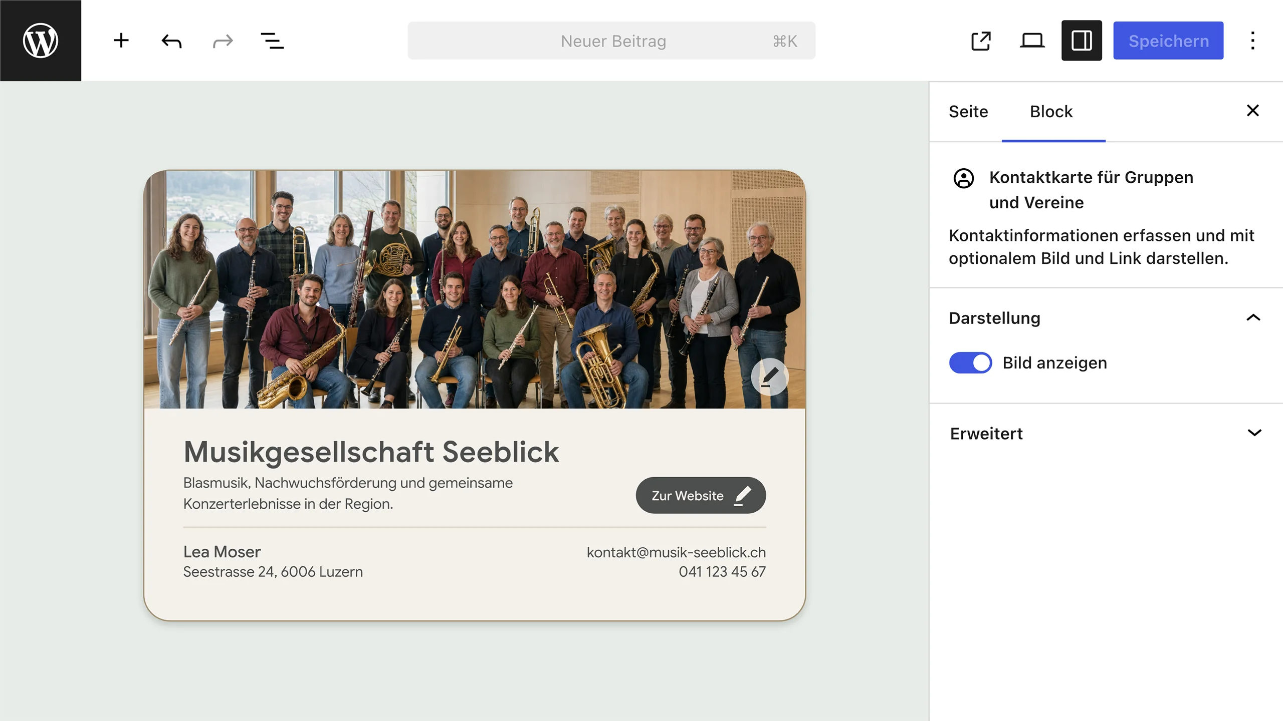 Gutenberg-Editor mit einer Kontaktkarte für Gruppen und Vereine, direkt bearbeitbaren Kontaktdaten und aktiviertem Gruppenbild.