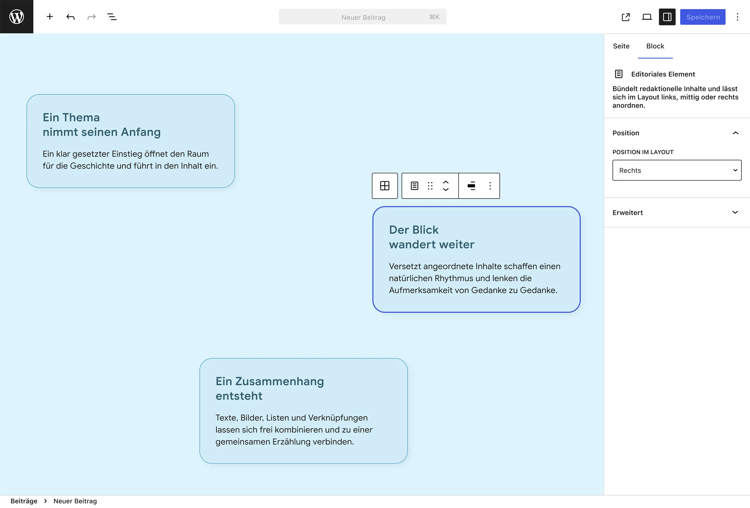 Editoriales Element im Gutenberg-Editor mit drei versetzt angeordneten Inhaltsbereichen und Einstellung für die Position im Layout.