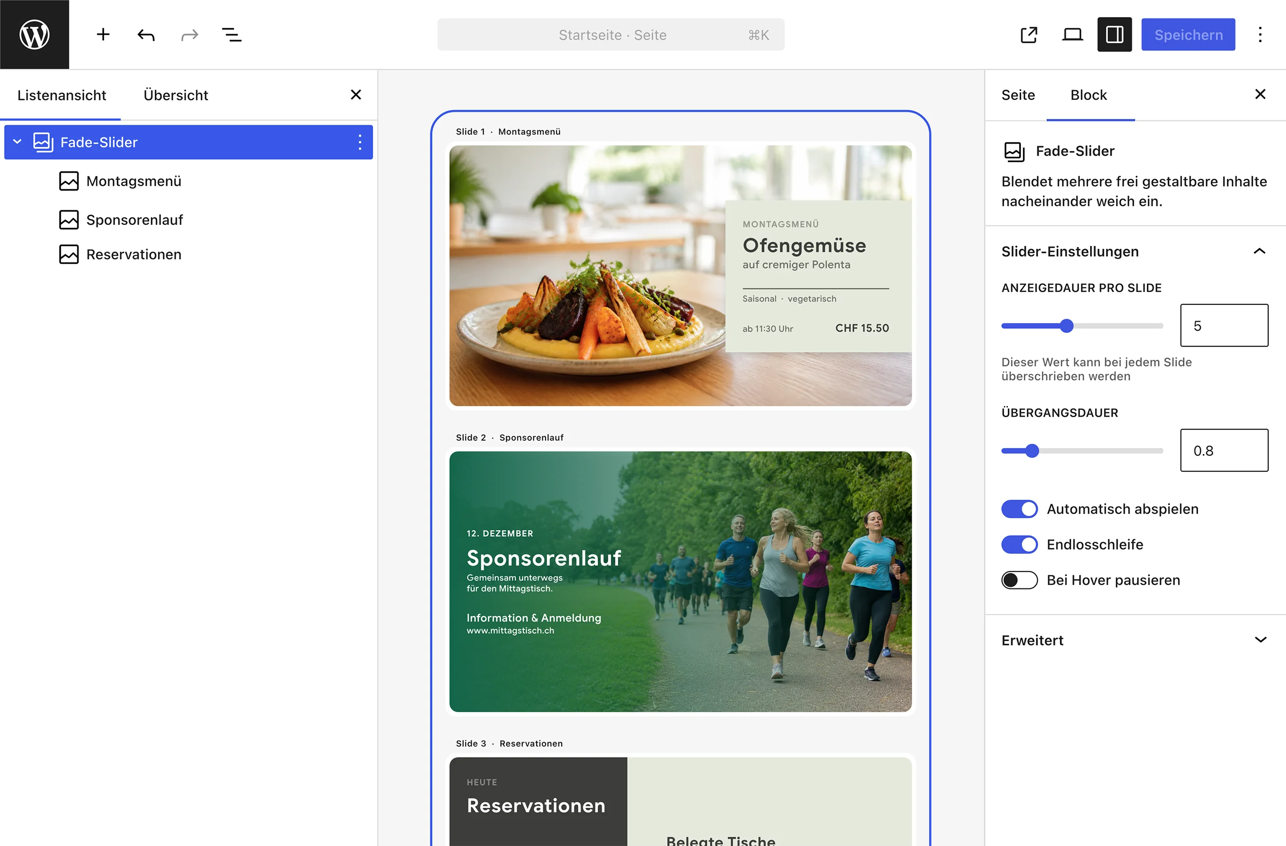 WordPress-Editor mit einem Fade Slider aus drei frei gestalteten Slides