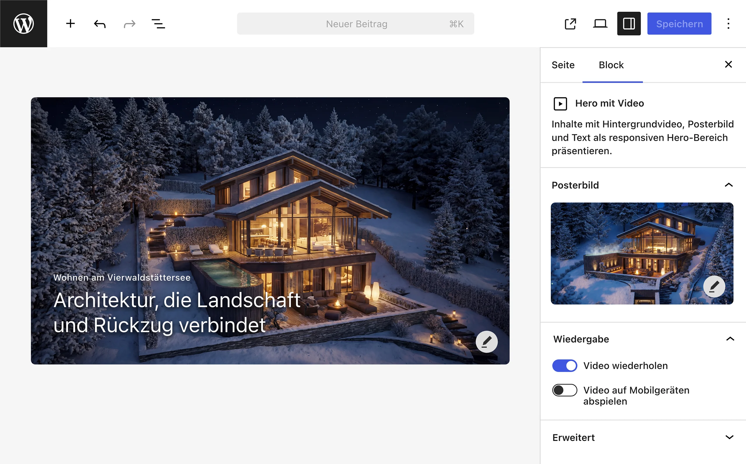 Hero mit Video im WordPress-Editor mit editierbarem Video, Posterbild und Wiedergabeoptionen