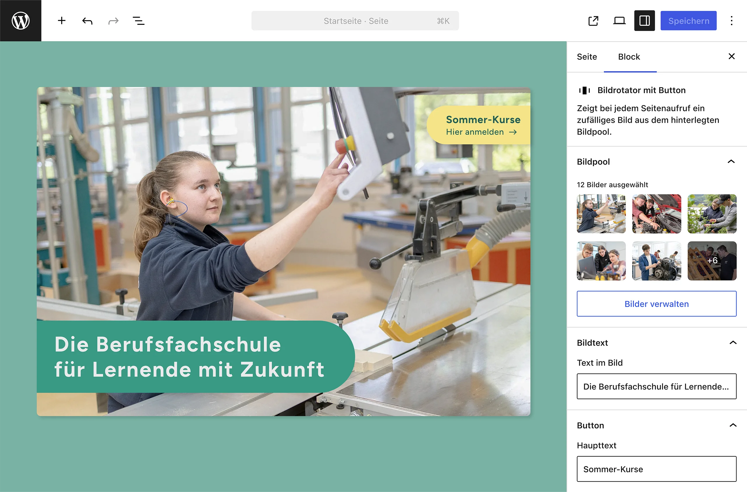 Editor-Ansicht des Image Rotators mit Bildpool, Bildtext und Button-Einstellungen