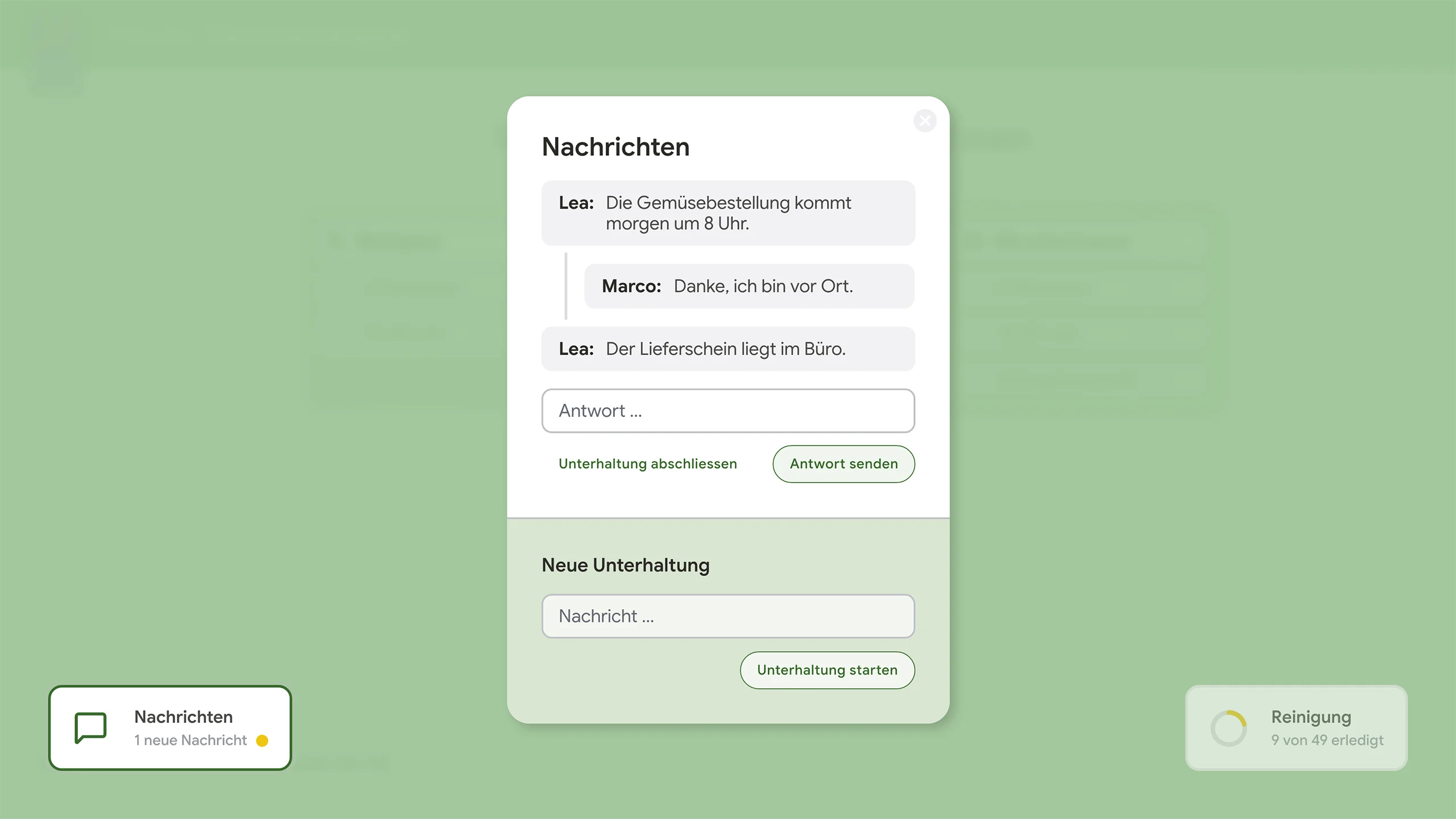 Frontend-Modul für interne Nachrichten mit zugeordneten Antworten, Abschluss einer Unterhaltung, Erfassung eines neuen Verlaufs und Statusanzeige in der Navigation.