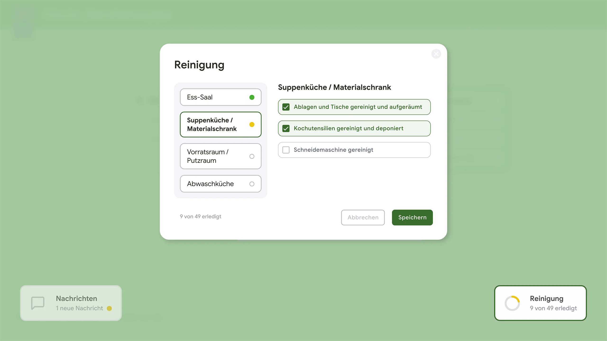 Frontend-Modul in WordPress mit einer nach Arbeitsbereichen gegliederten Reinigungs-Checkliste, abgehakten Aufgaben und sichtbarem Gesamtfortschritt.