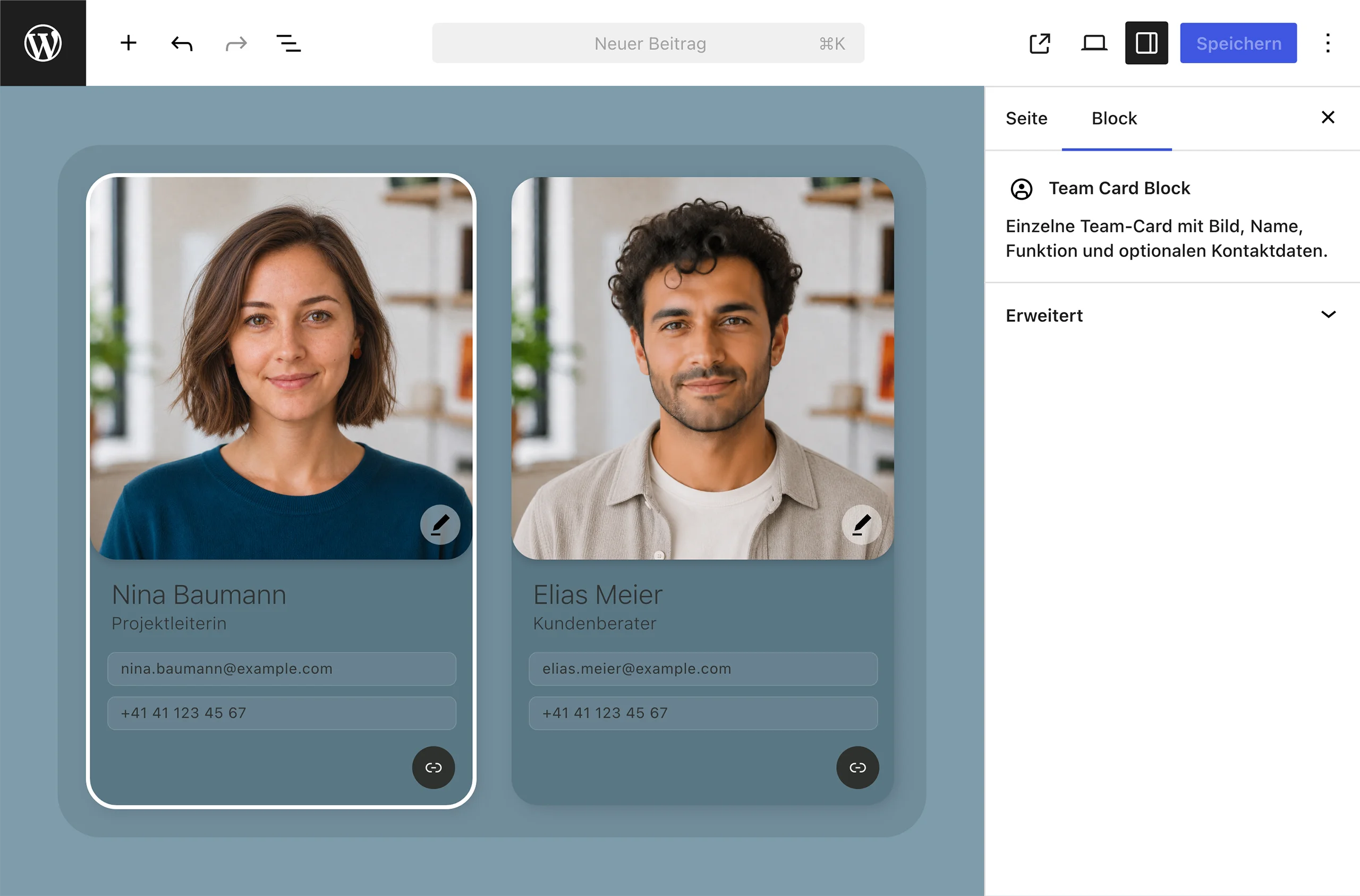Gutenberg-Editor mit zwei Team Cards, direkt bearbeitbaren Personendaten und Linksteuerung innerhalb der Karten.