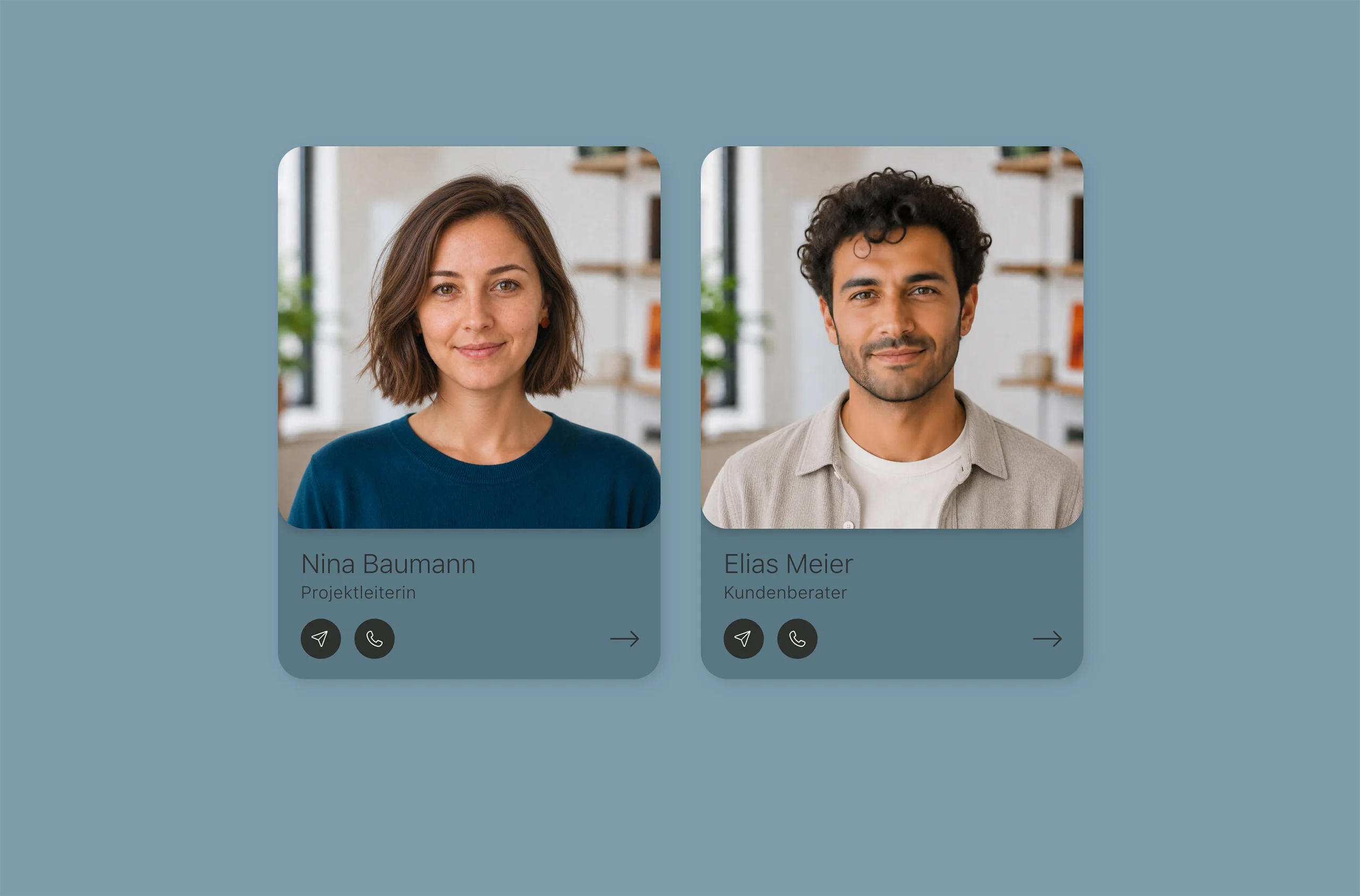 Frontend-Darstellung zweier Team Cards mit Porträt, Funktion sowie Icon-Links für E-Mail, Telefon und Profil.