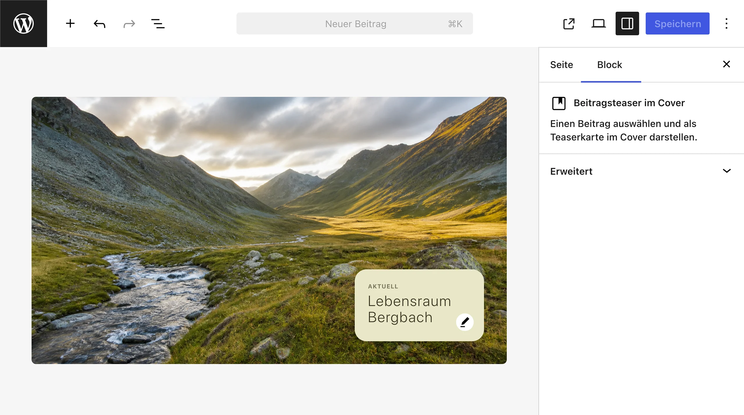 Im WordPress-Editor lässt sich der Beitragsteaser direkt im Cover über die Bearbeitungsschaltfläche auswählen.