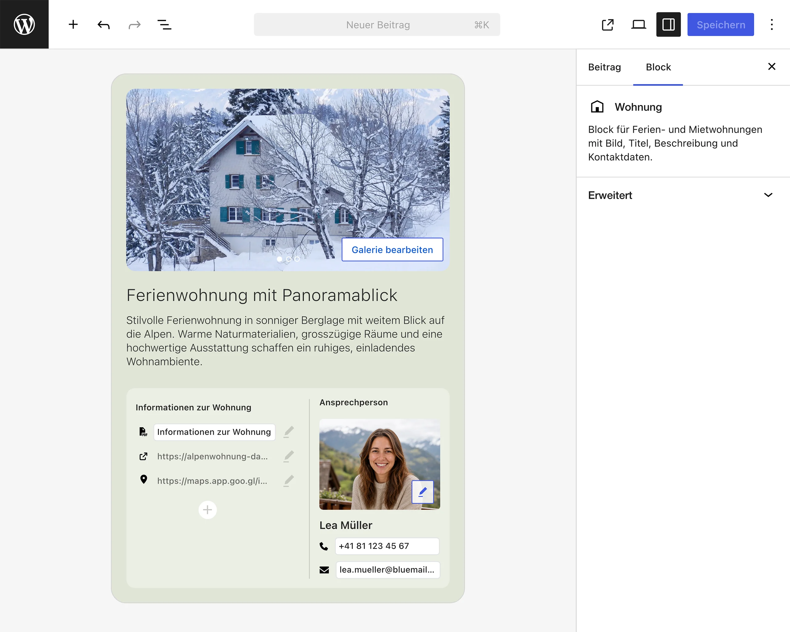 Wohnungsangebot-Block – Editor-Ansicht