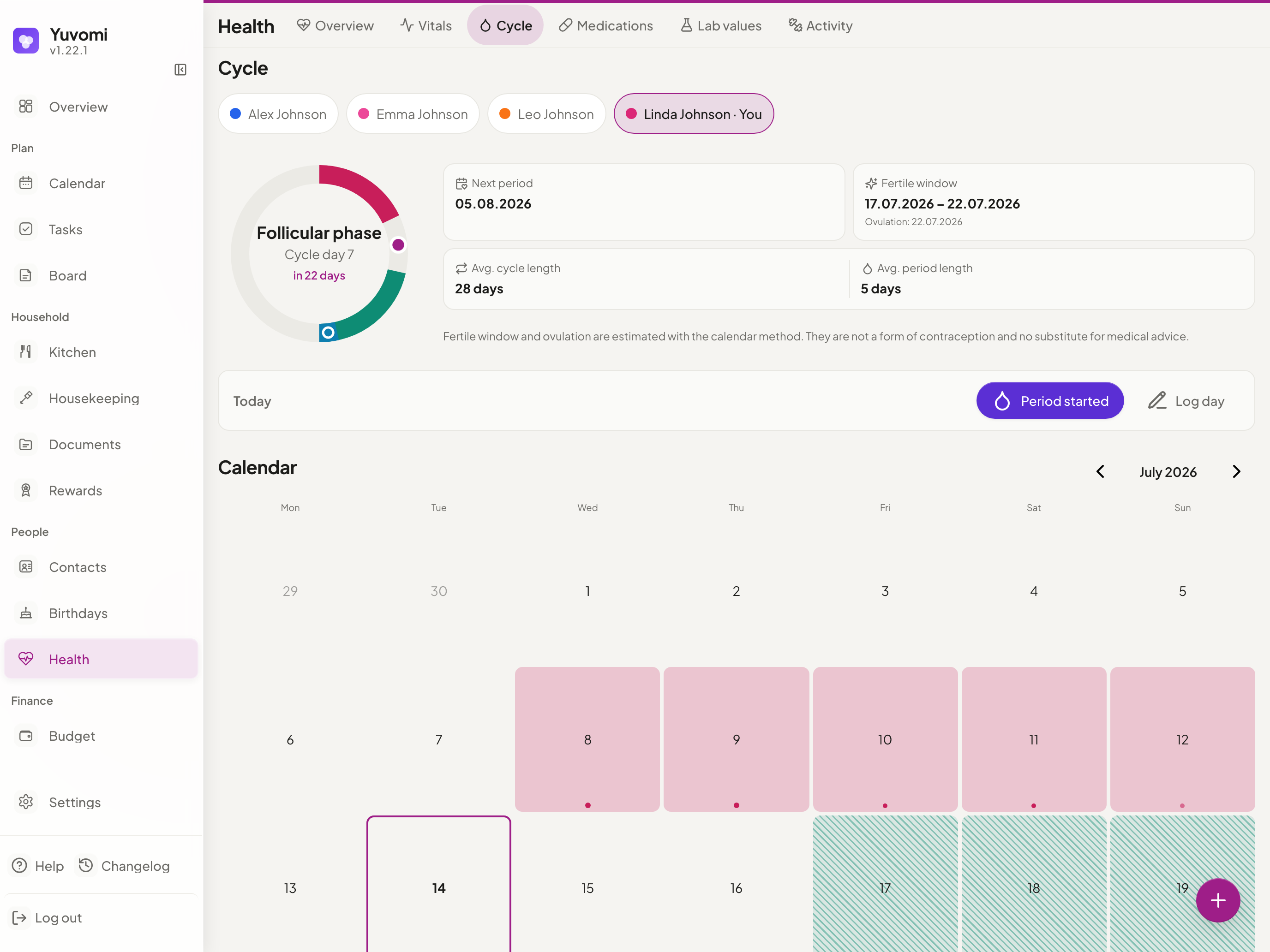 Health - menstrual cycle ring with period and fertile-window predictions