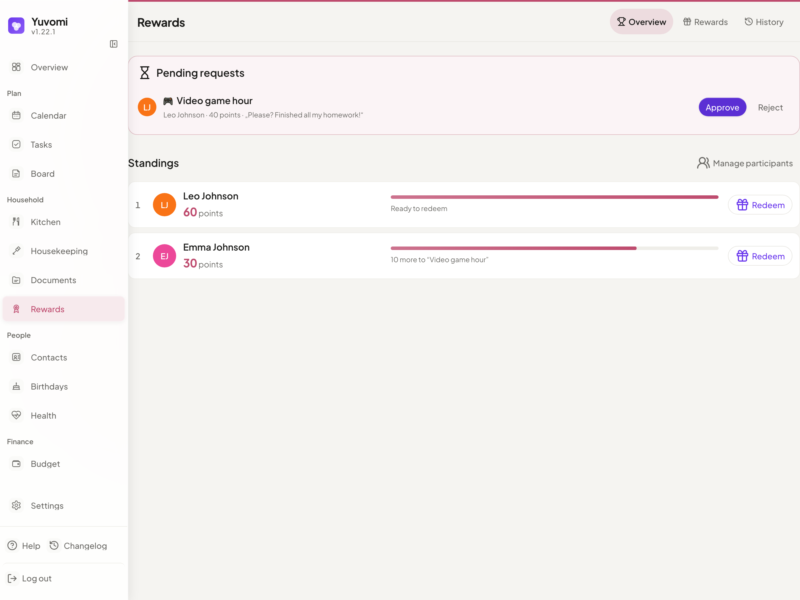 Rewards - point standings and a parent-approved reward catalog