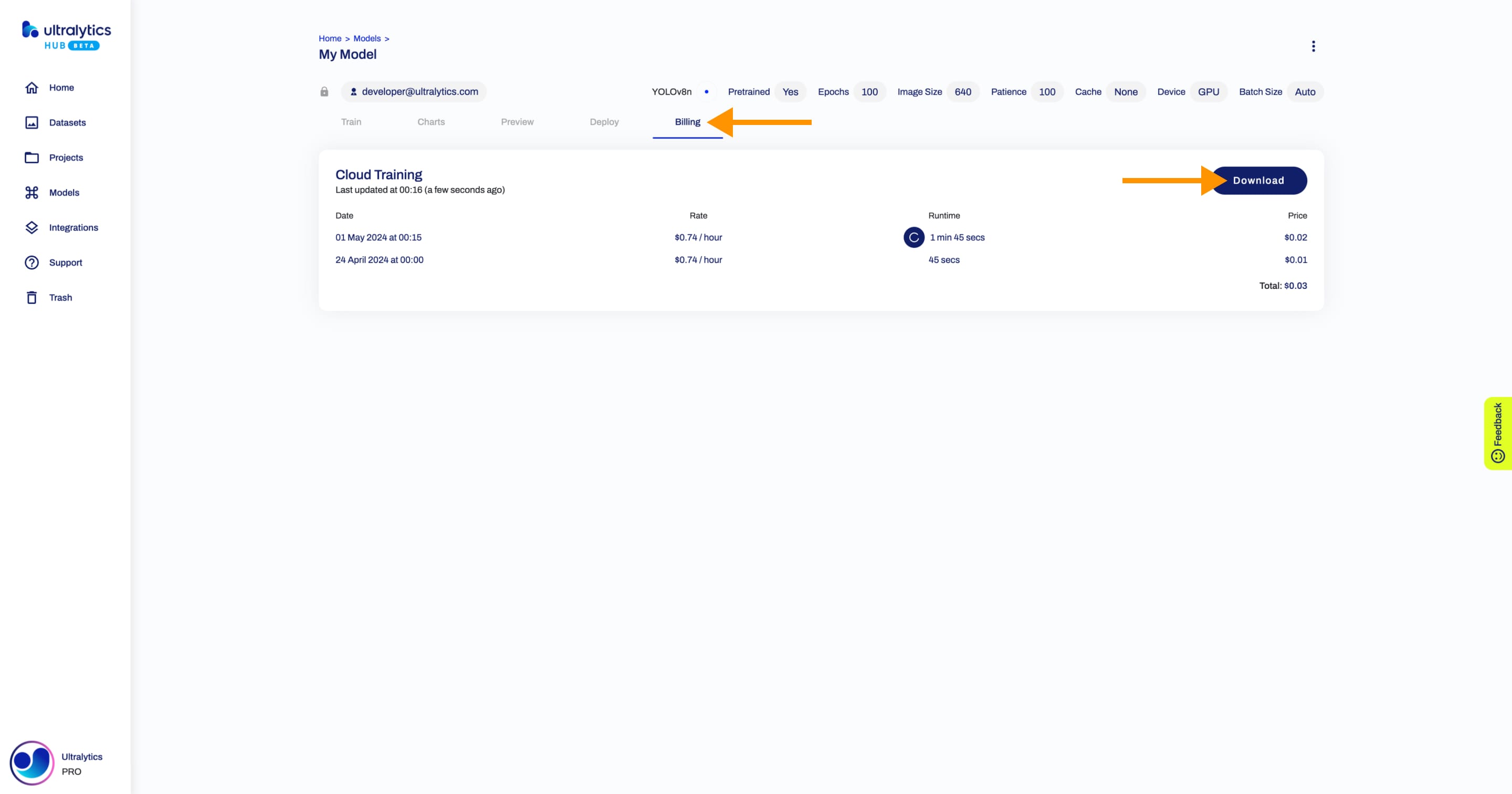 Ultralytics HUB-Screenshot der Registerkarte "Abrechnung" auf der Modellseite mit einem Pfeil, der auf die Registerkarte "Abrechnung" zeigt, und einem Pfeil, der auf die Schaltfläche "Herunterladen" zeigt