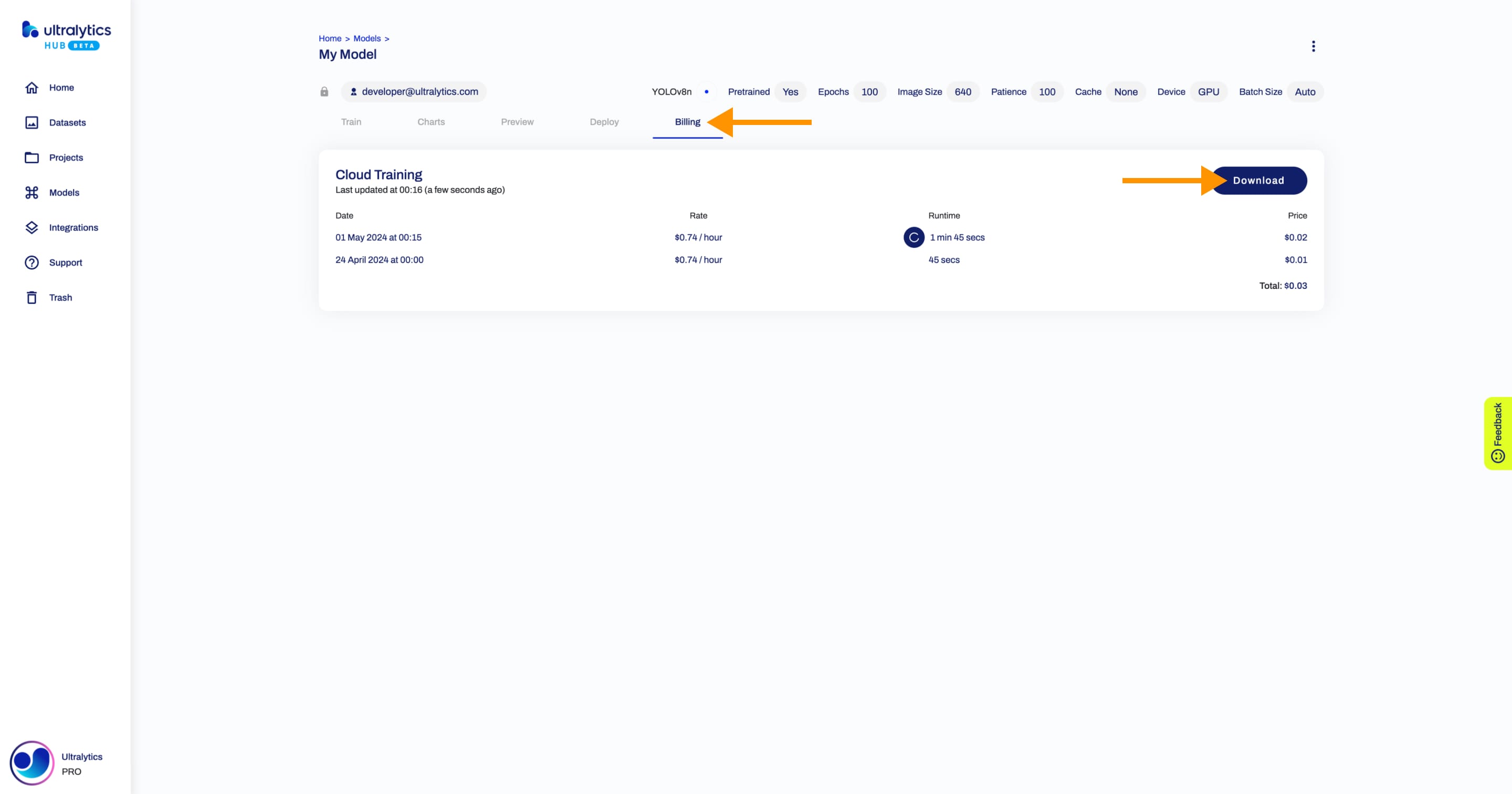 Ultralytics Скриншот HUB вкладки Billing внутри страницы Model со стрелкой, указывающей на вкладку Billing, и стрелкой, указывающей на кнопку Download.
