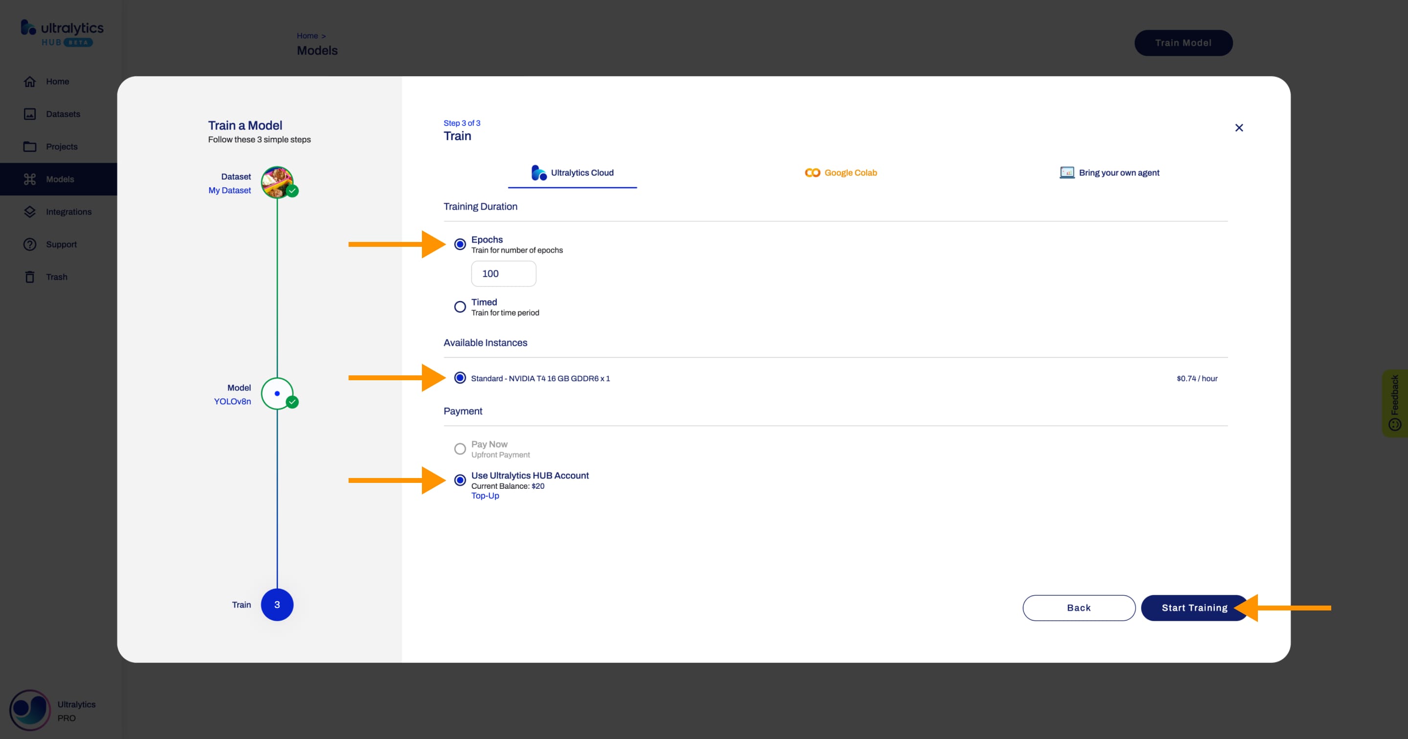 Ultralytics HUB screenshot of the Train Model dialog with arrows pointing to the Cloud Training options and the Start Training button