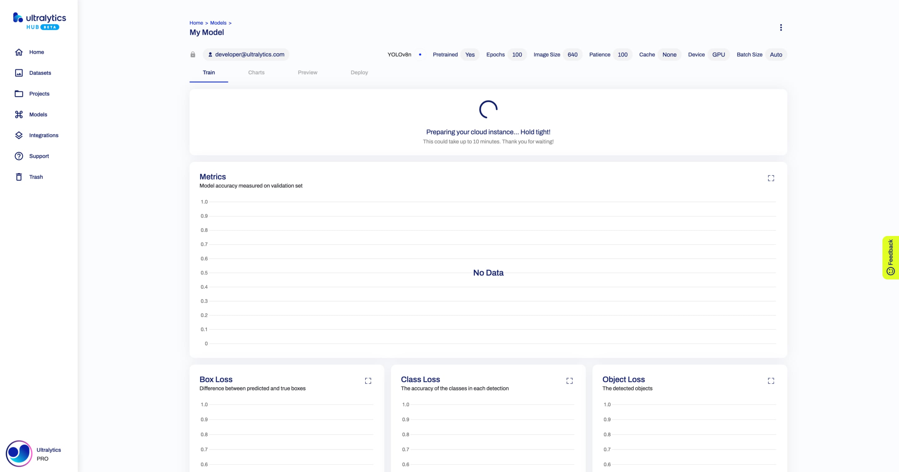 Ultralytics HUB screenshot of the Model page during the initialization process