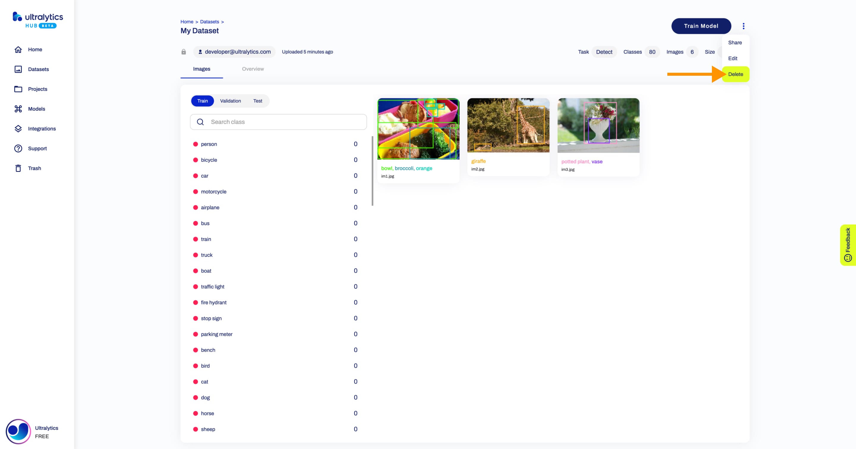 Ultralytics Ảnh chụp màn hình HUB của trang Tập dữ liệu với mũi tên trỏ đến tùy chọn Xóa