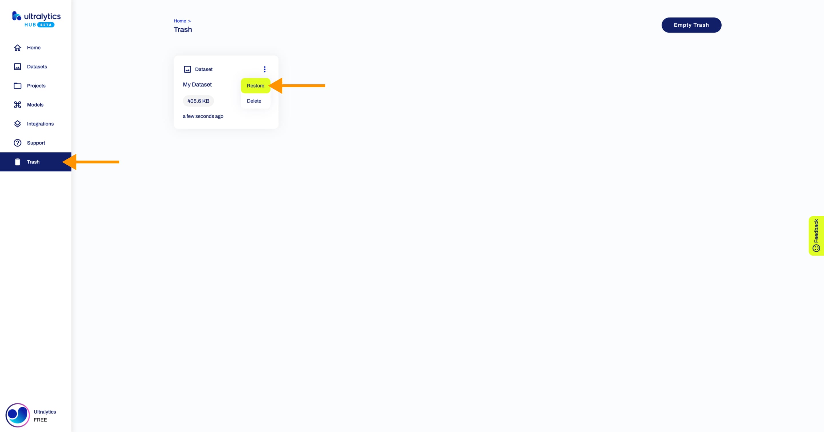Ultralytics HUB-Screenshot der Seite "Papierkorb" mit einem Pfeil, der auf die Schaltfläche "Papierkorb" in der Seitenleiste zeigt, und einem Pfeil, der auf die Option "Wiederherstellen" für einen der Datensätze zeigt
