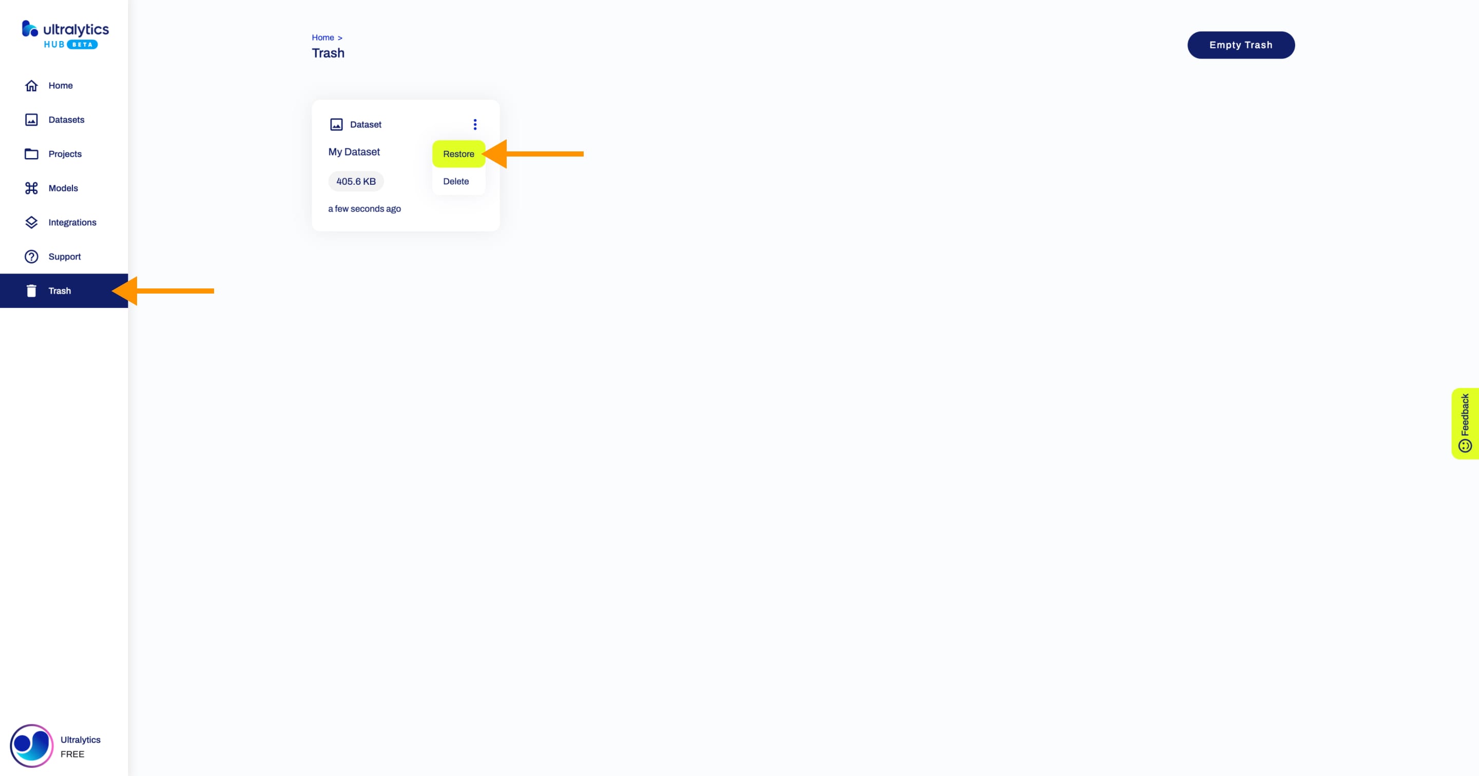 Ultralytics साइडबार में ट्रैश बटन की ओर इशारा करते हुए एक तीर के साथ ट्रैश पेज का HUB स्क्रीनशॉट और एक डेटासेट में से एक के पुनर्स्थापना विकल्प पर