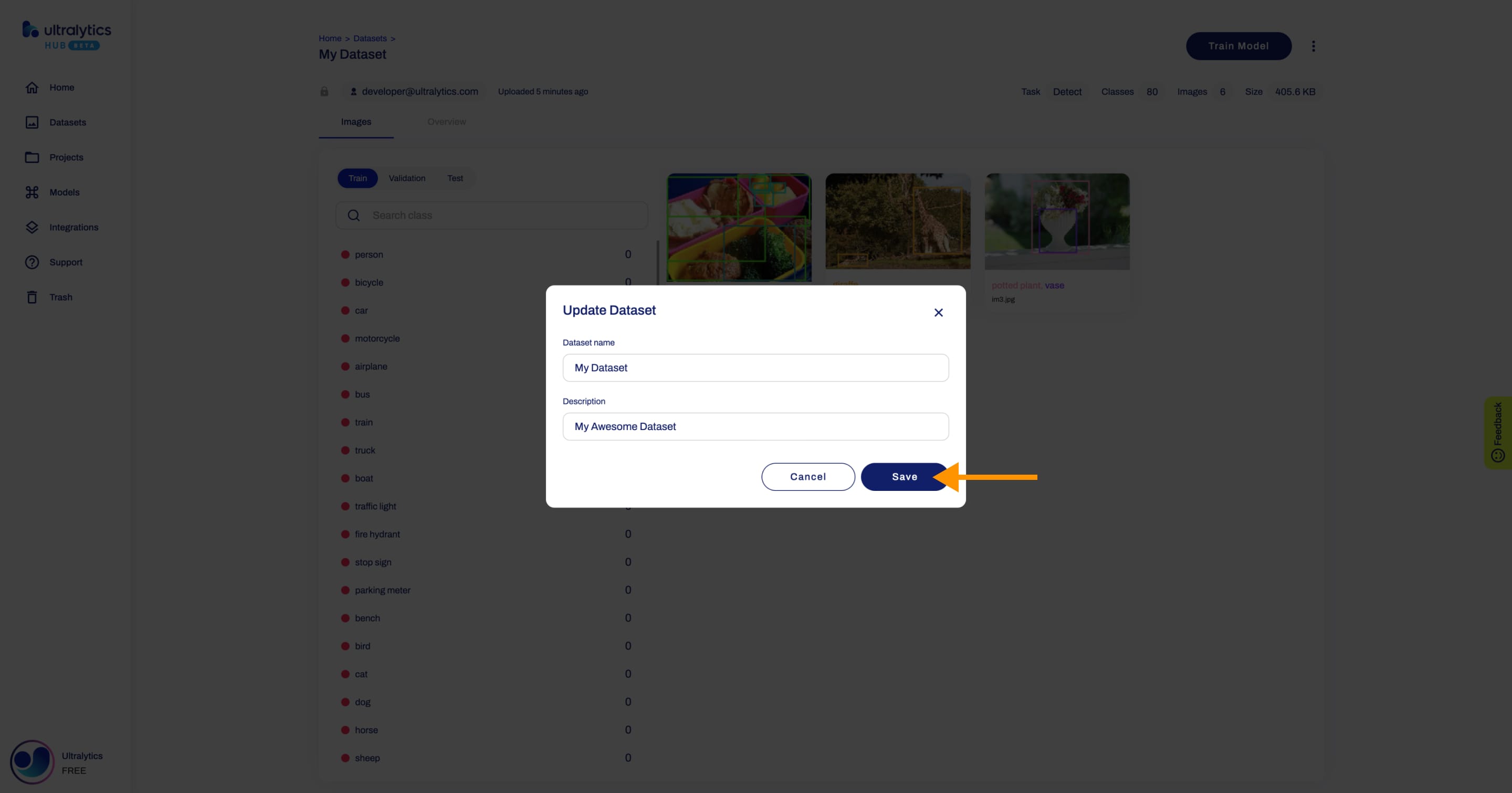Ultralytics Скриншот HUB диалогового окна Update Dataset со стрелкой, указывающей на кнопку Save