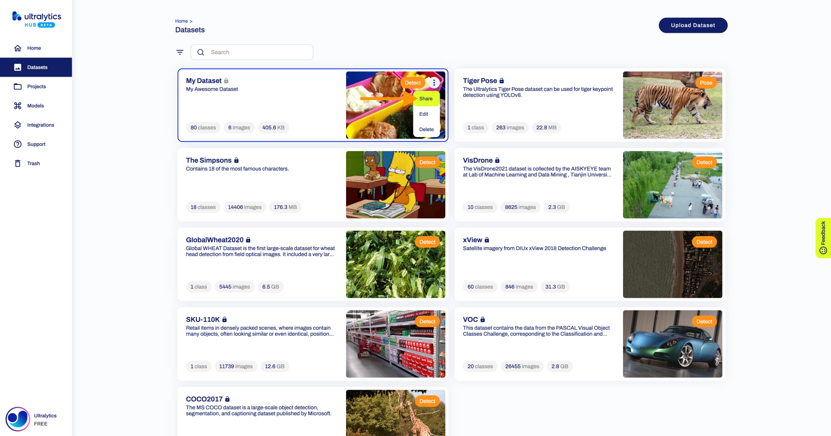 Ultralytics Captura de ecrã da página Datasets do HUB com uma seta a apontar para a opção Partilhar de um dos conjuntos de dados