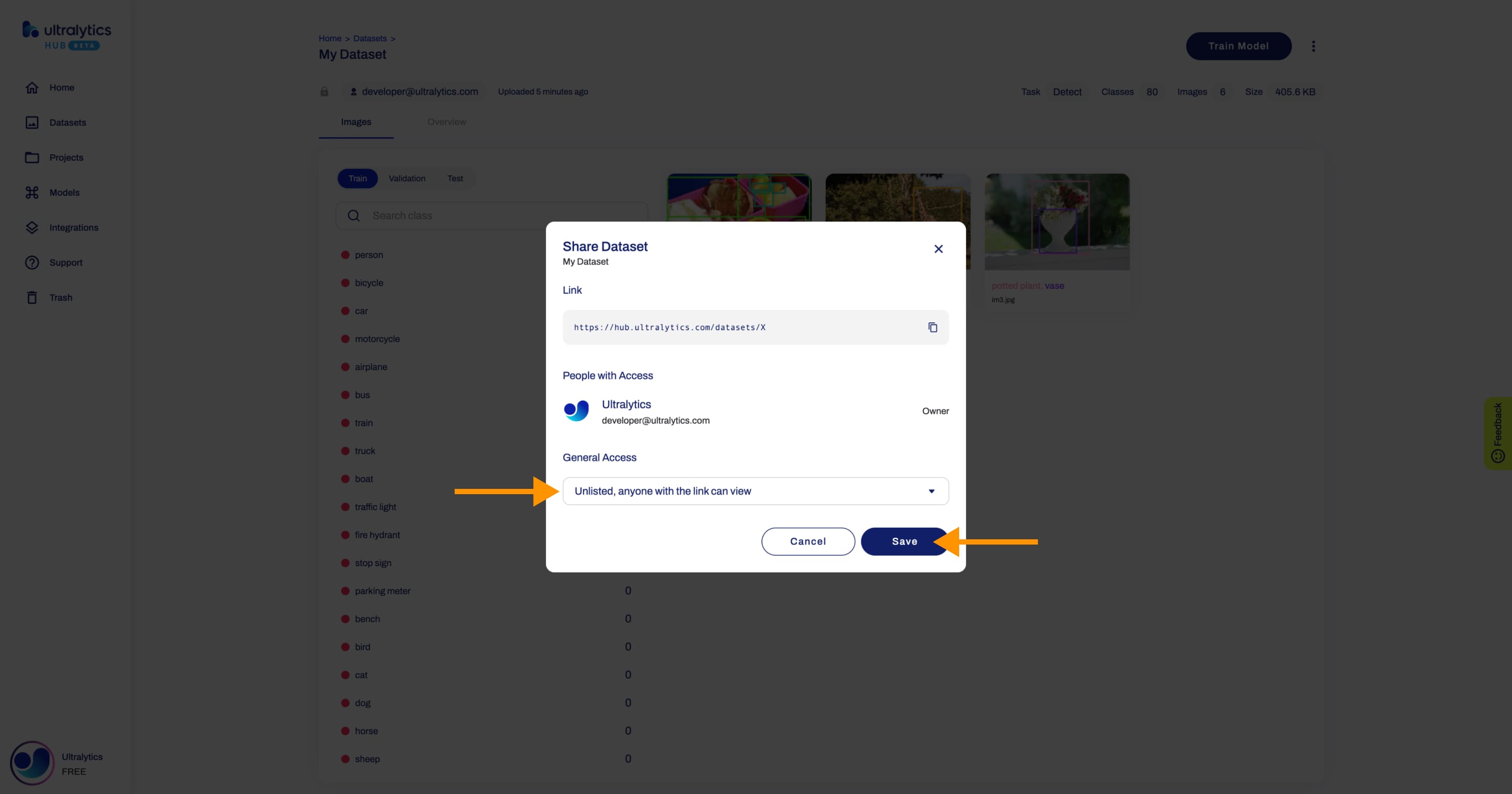 Ultralytics لقطة شاشة HUB لمربع الحوار "مشاركة مجموعة البيانات" مع سهم يشير إلى القائمة المنسدلة وآخر إلى الزر "حفظ"