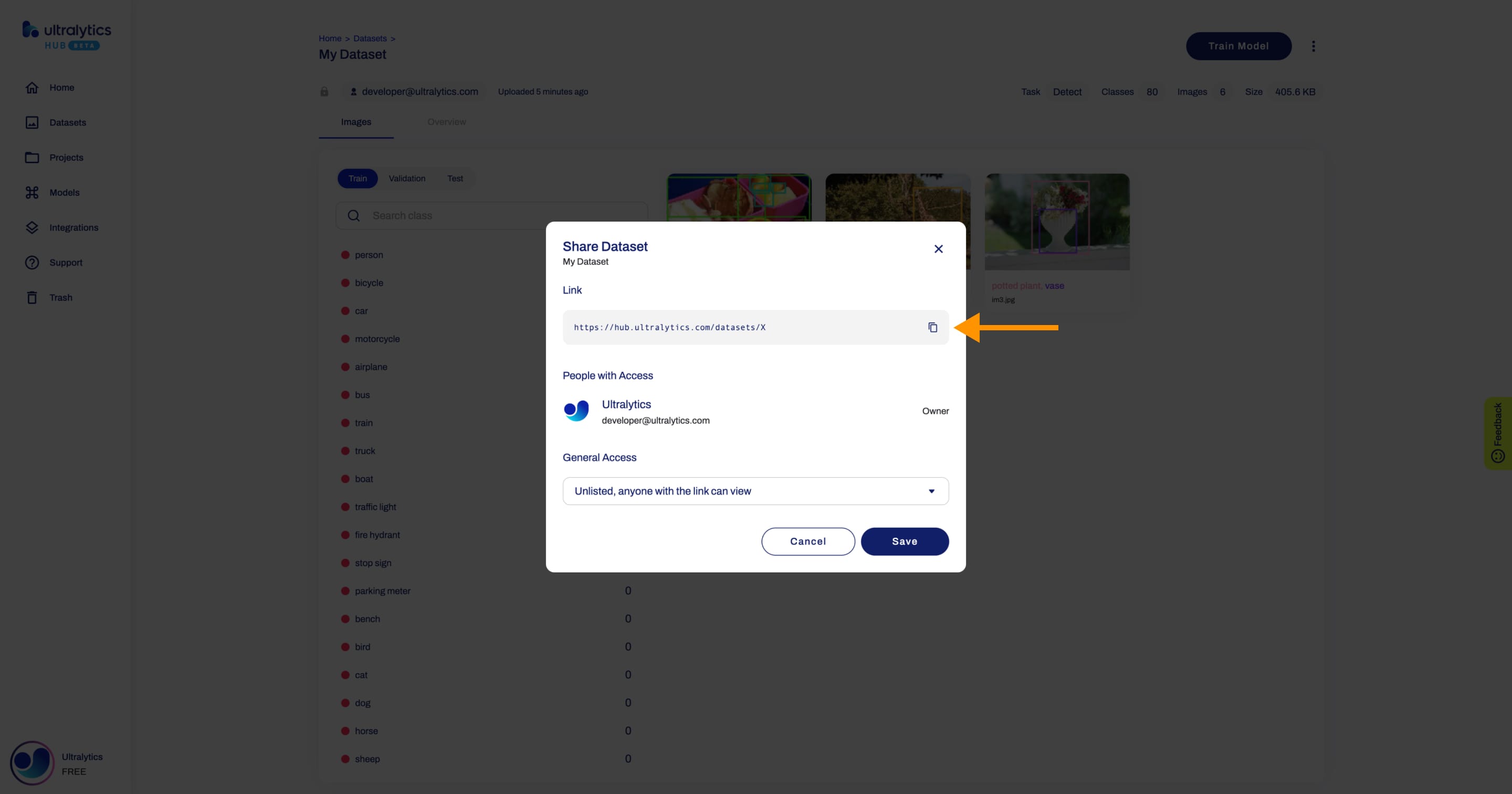 Ultralytics HUB screenshot of the Share Dataset dialog with an arrow pointing to the dataset's link