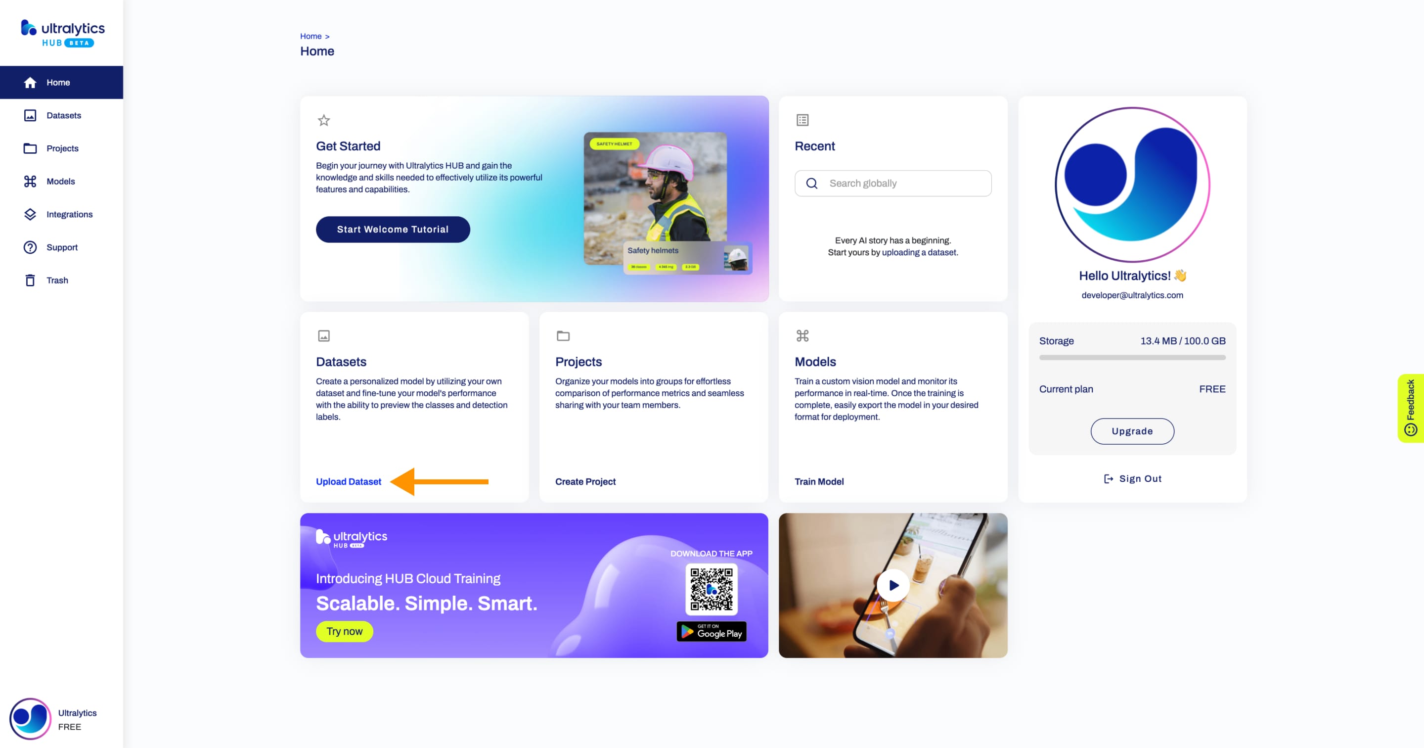 Ultralytics HUB screenshot of the Home page with an arrow pointing to the Upload Dataset card