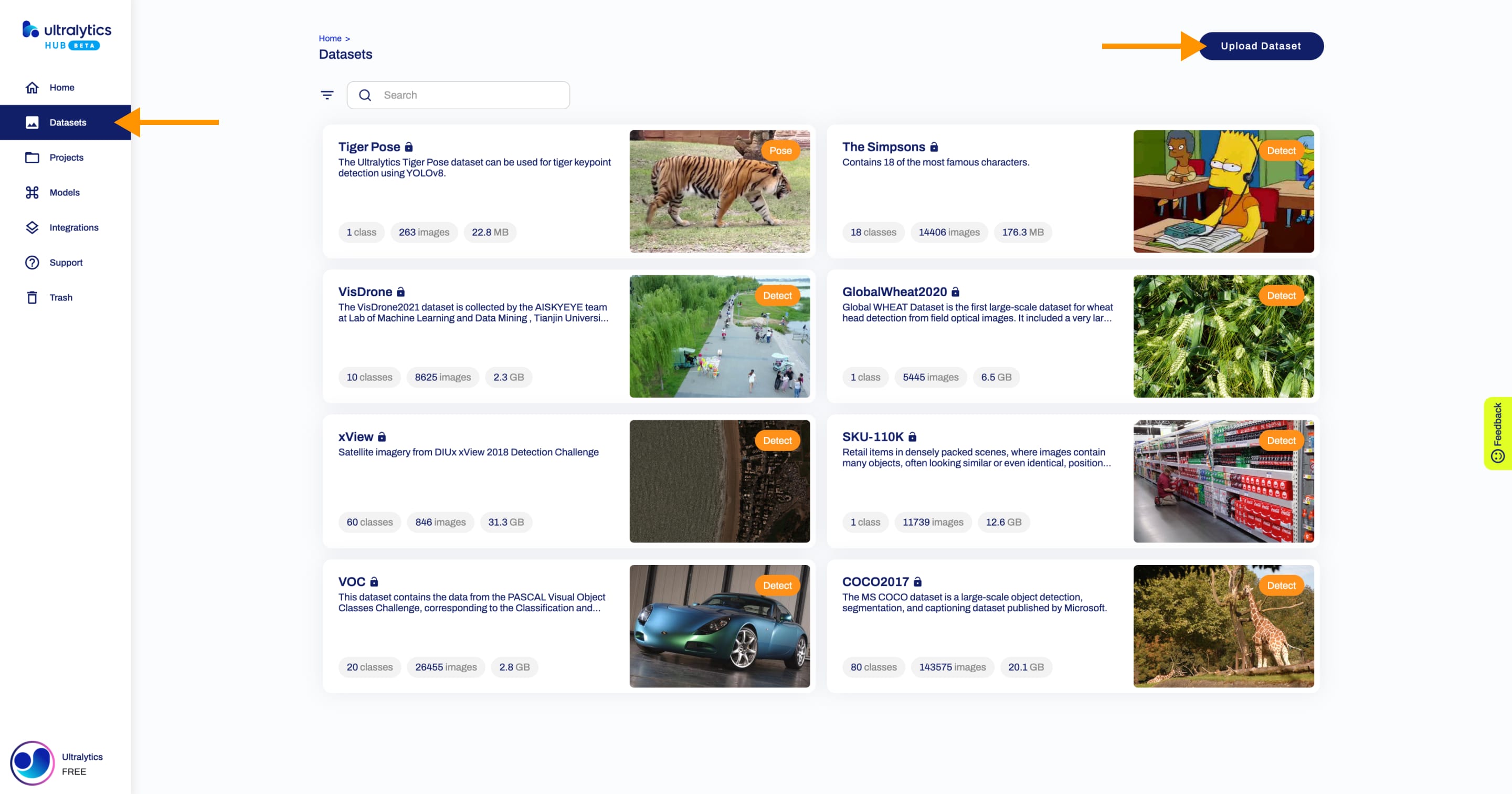 Ultralytics साइडबार में डेटासेट बटन की ओर इशारा करते हुए एक तीर के साथ डेटासेट पृष्ठ का HUB स्क्रीनशॉट और एक डेटासेट अपलोड करें बटन पर