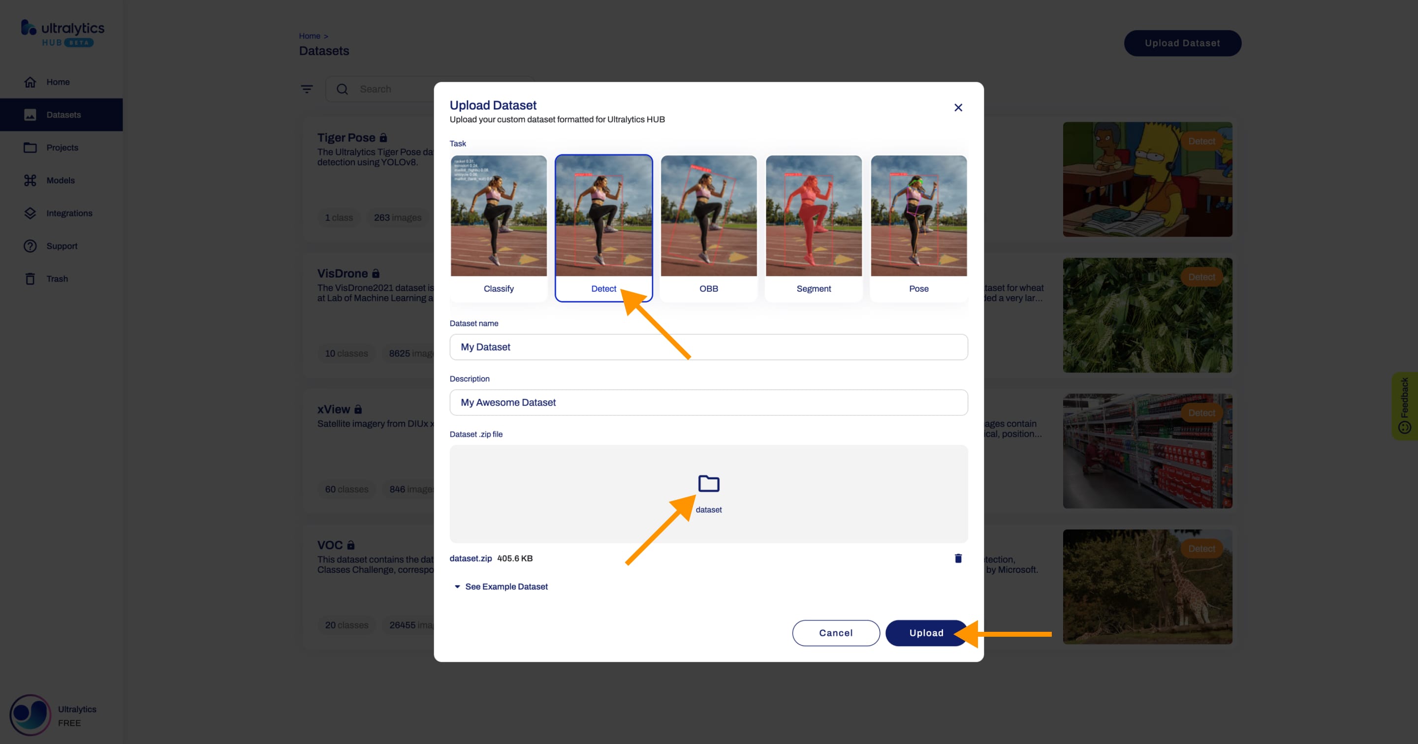 Ultralytics HUB screenshot of the Upload Dataset dialog with arrows pointing to dataset task, dataset file and Upload button