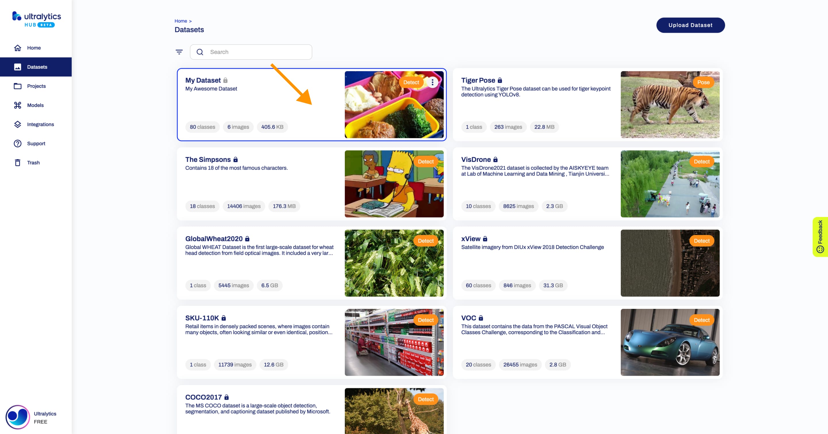 Ultralytics Скриншот страницы "Датасеты" в HUB со стрелкой, указывающей на один из датасетов