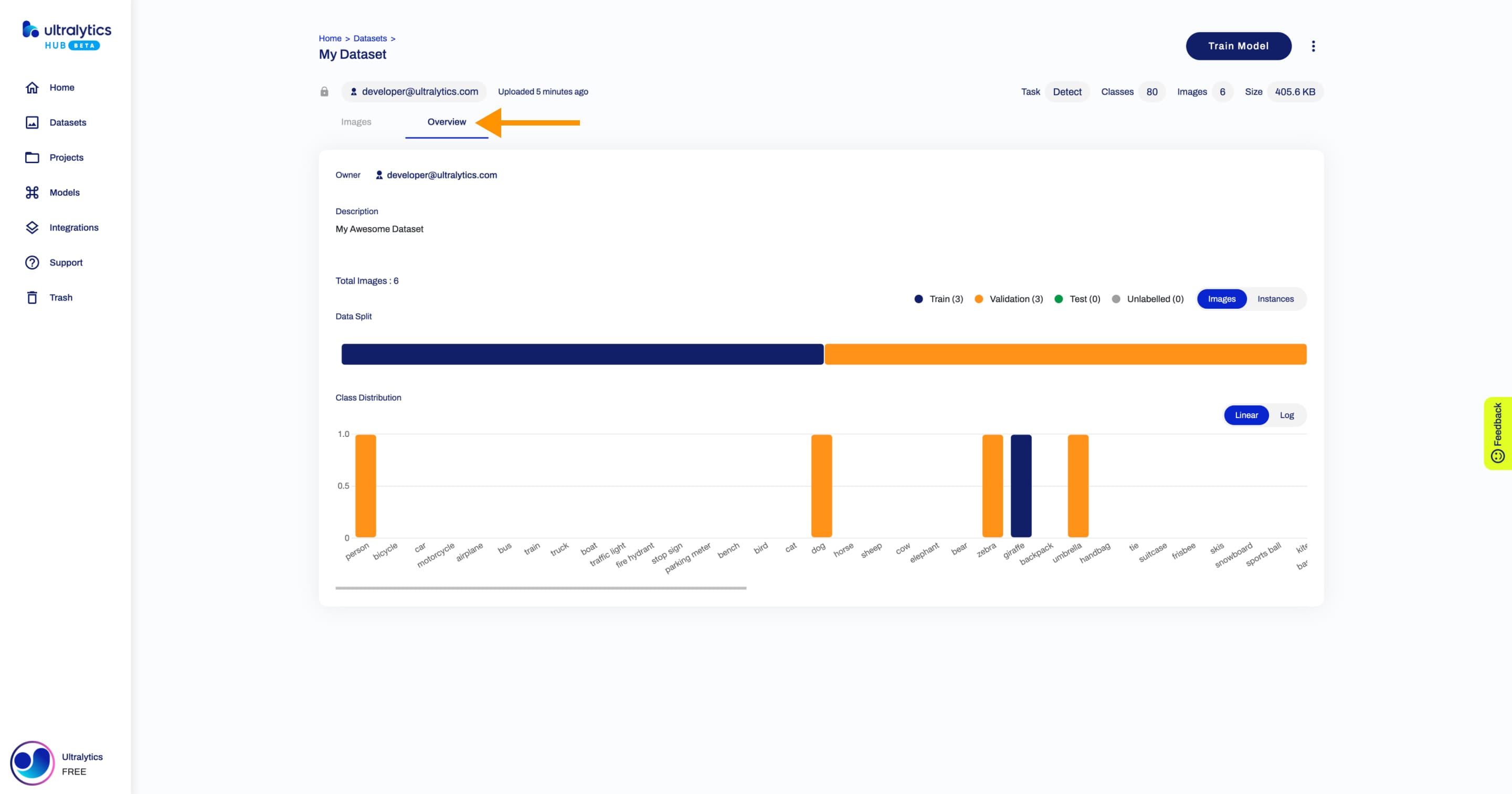 Ultralytics HUB screenshot of the Dataset page with an arrow pointing to the Overview tab