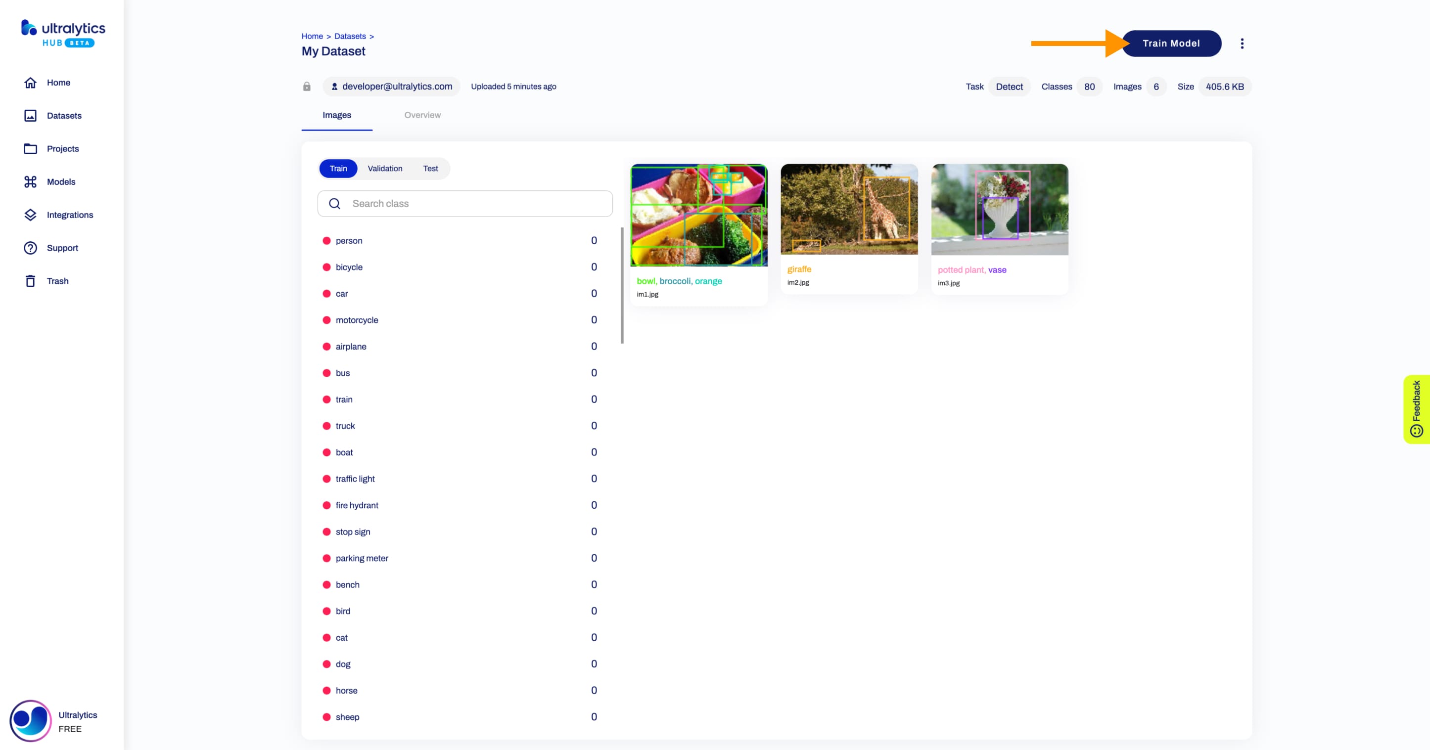 Ultralytics Capture d'écran HUB de la page Dataset avec une flèche pointant vers le bouton Train Model.