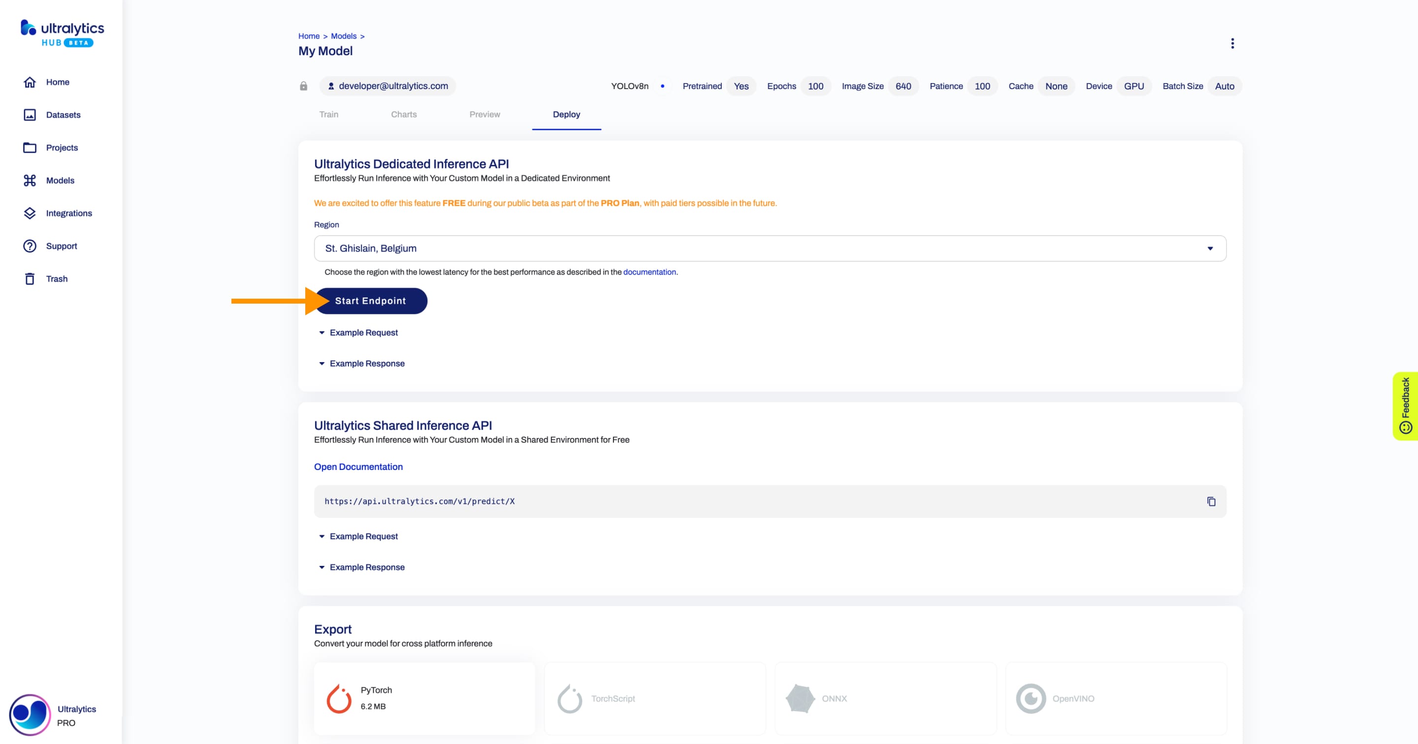 Ultralytics HUB screenshot of the Deploy tab inside the Model page with an arrow pointing to the Start Endpoint button in Dedicated Inference API card