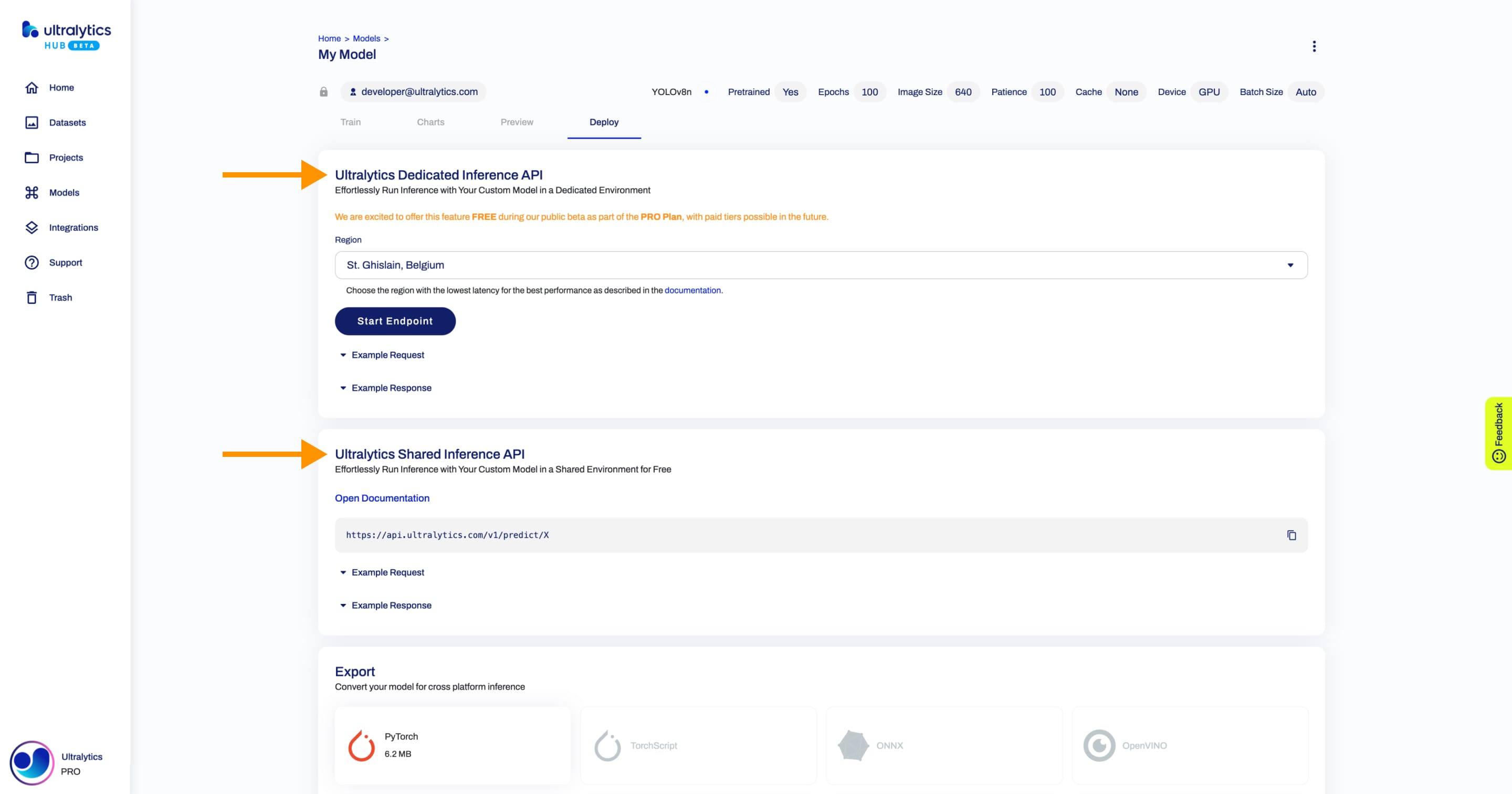 Ultralytics HUB screenshot of the Deploy tab inside the Model page with an arrow pointing to the Ultralytics Inference API card