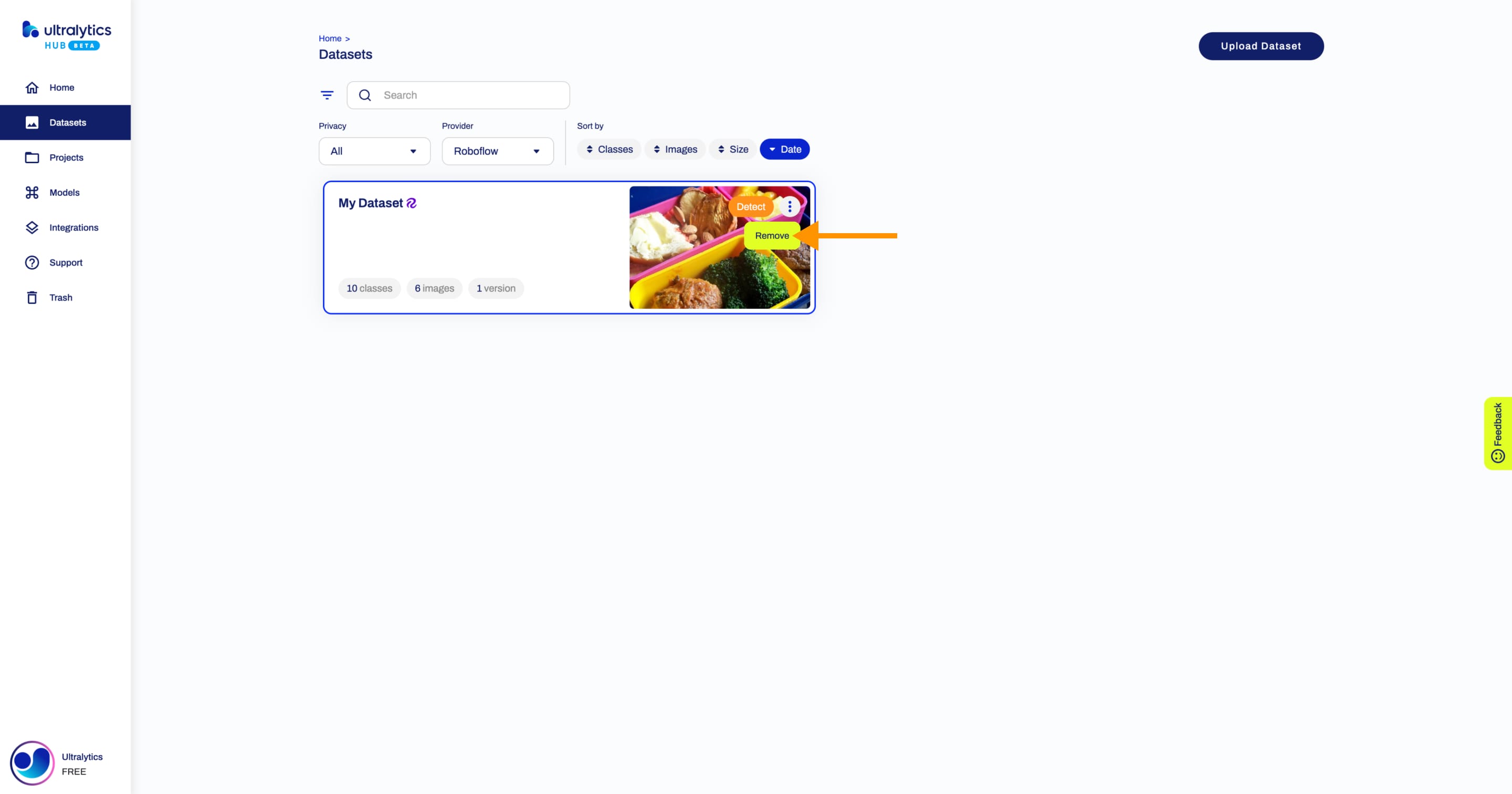Ultralytics HUB screenshot of the Datasets page with an arrow pointing to the Remove option of one of the Roboflow Universe datasets