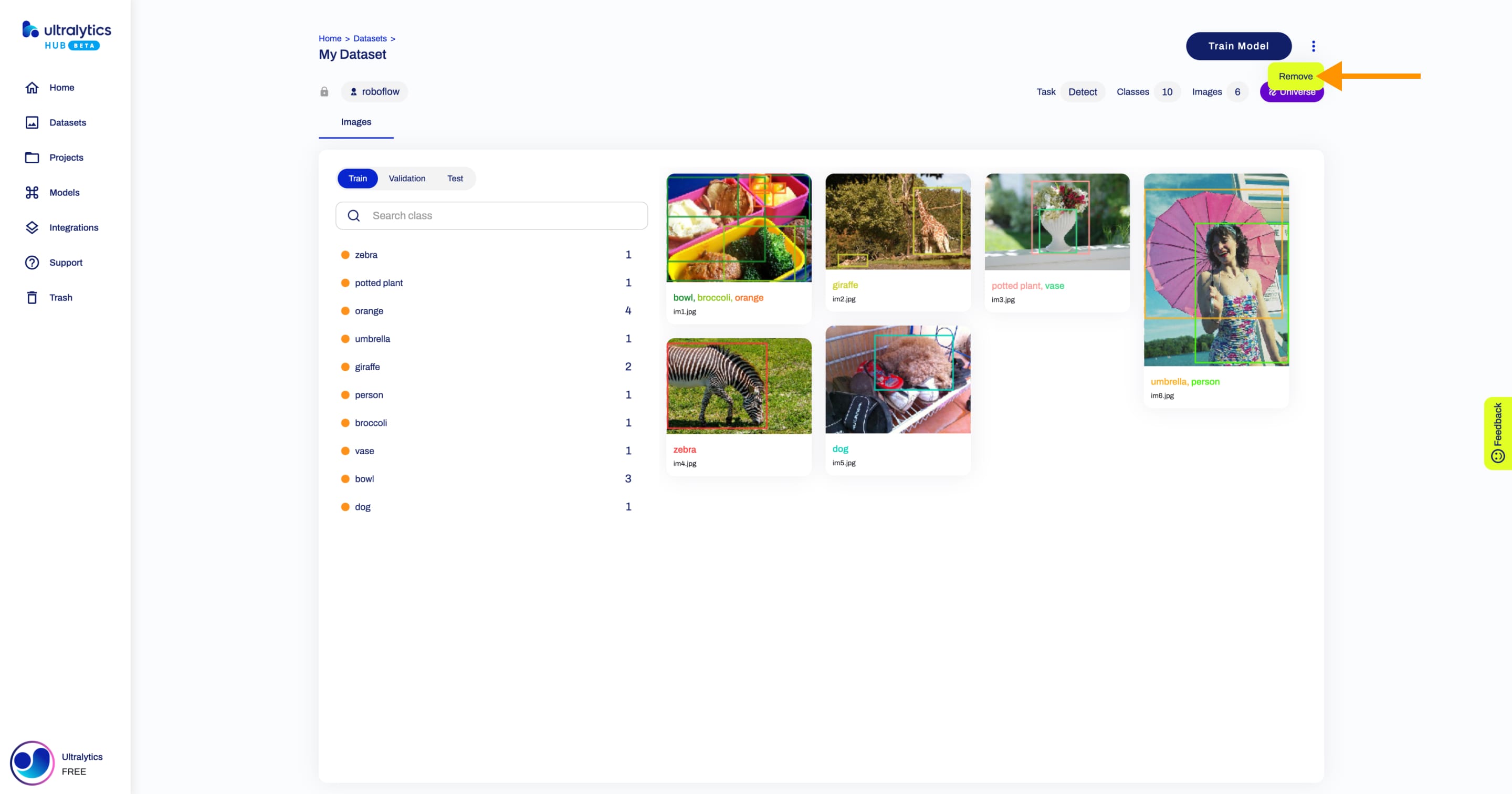 Ultralytics HUB screenshot of the Dataset page of a Roboflow Universe dataset with an arrow pointing to the Remove option