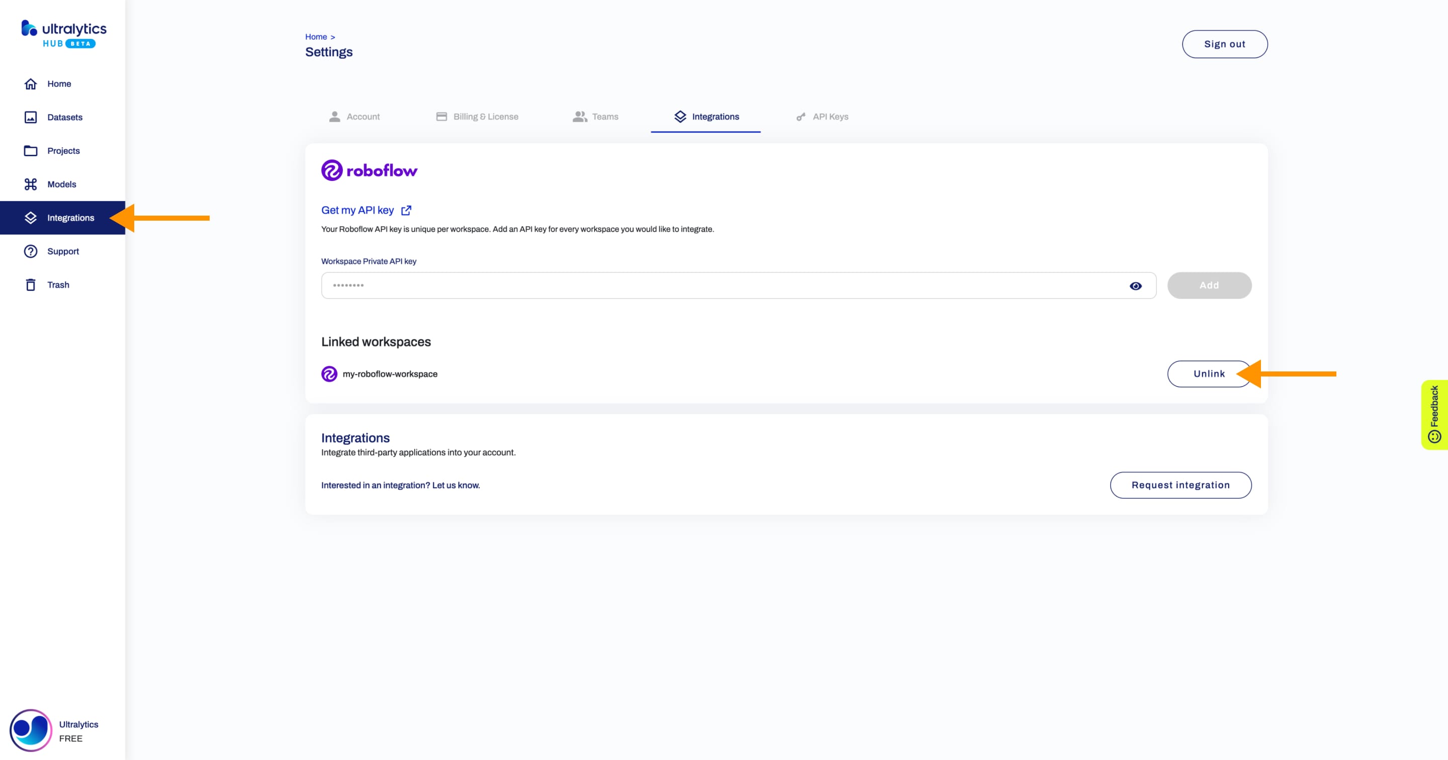 Ultralytics Capture d'écran HUB de la page Intégrations avec une flèche pointant vers le bouton Intégrations dans la barre latérale et une autre vers le bouton Unlink de l'un des espaces de travail connectés.