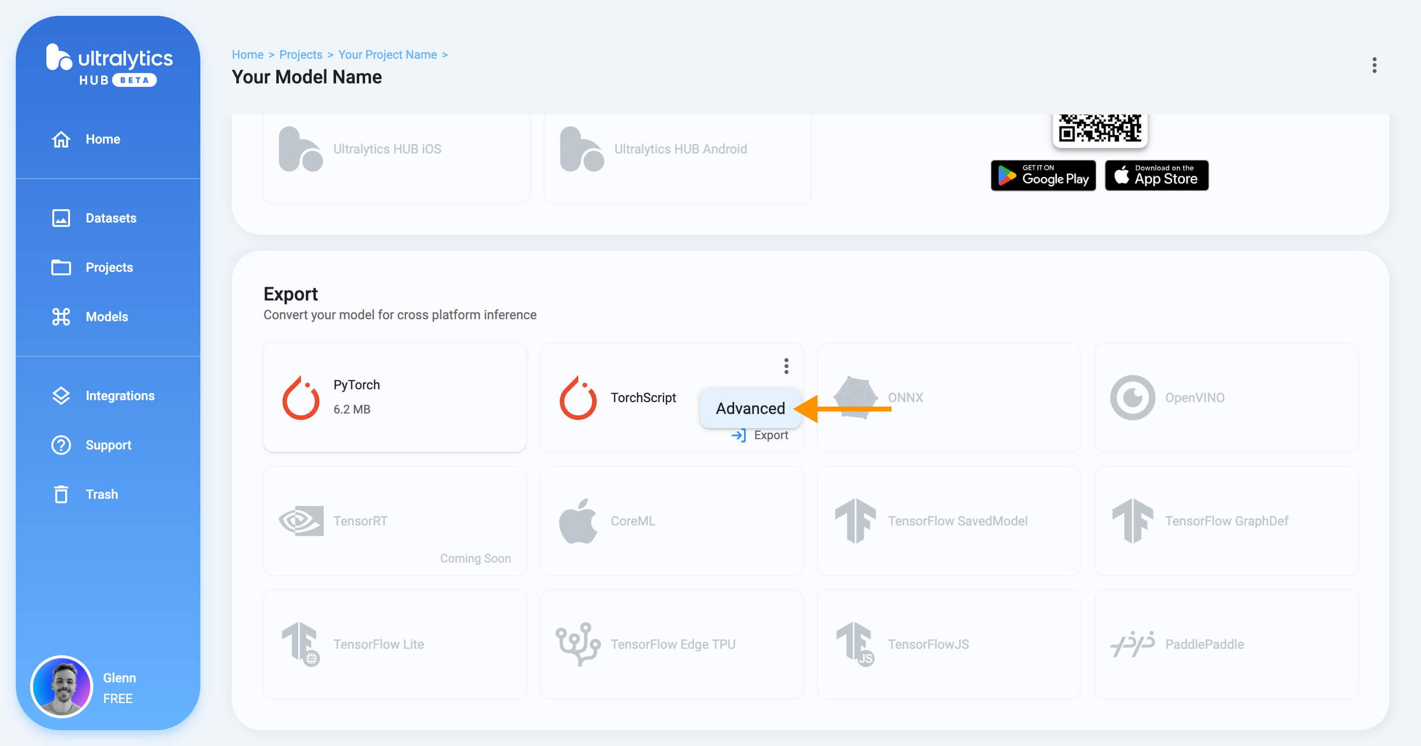 Ultralytics HUB screenshot of the Deploy tab inside the Model page with an arrow pointing to the Advanced option