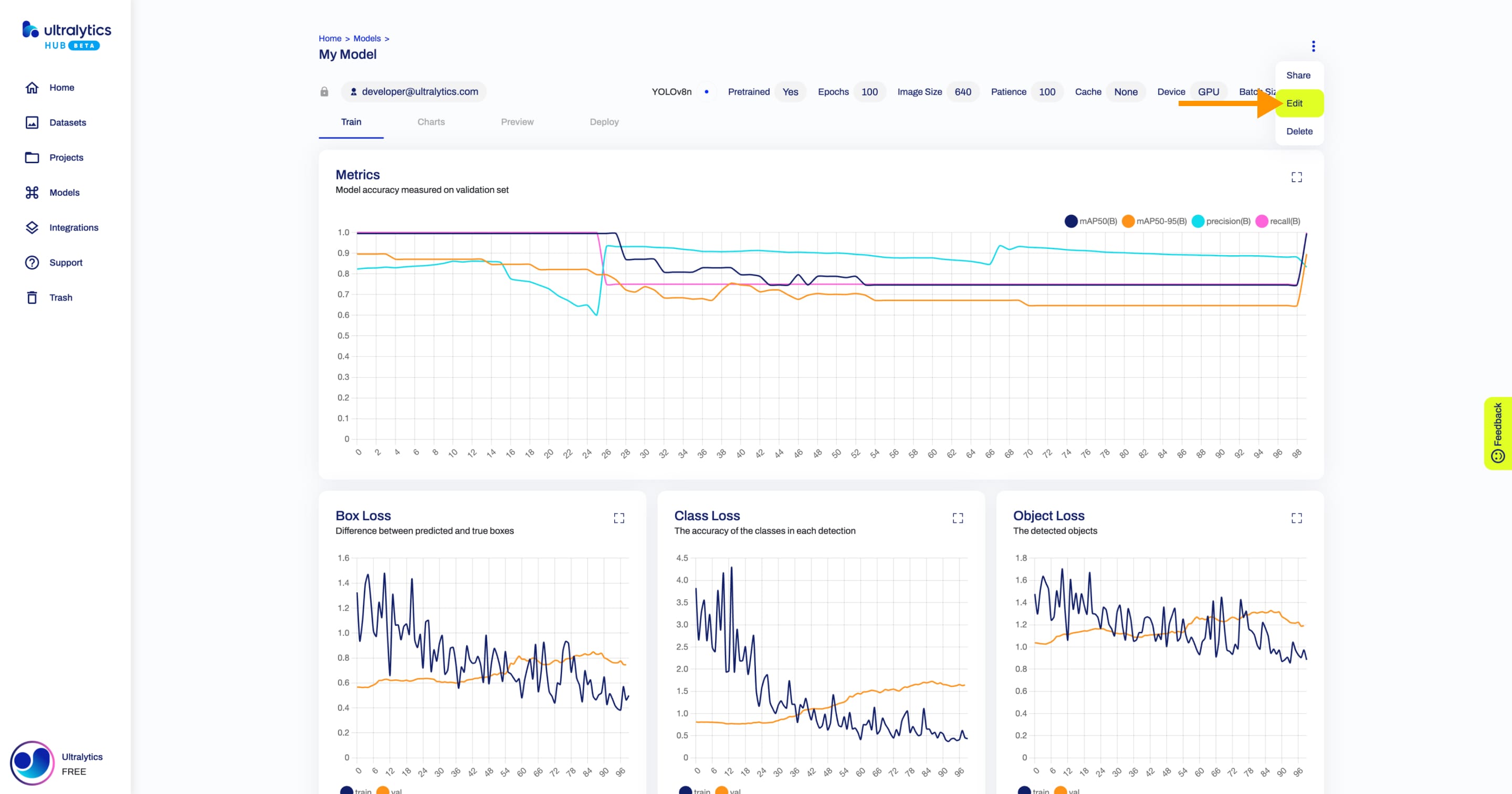 Ultralytics HUB-Screenshot der Modellseite mit einem Pfeil, der auf die Option "Bearbeiten" zeigt